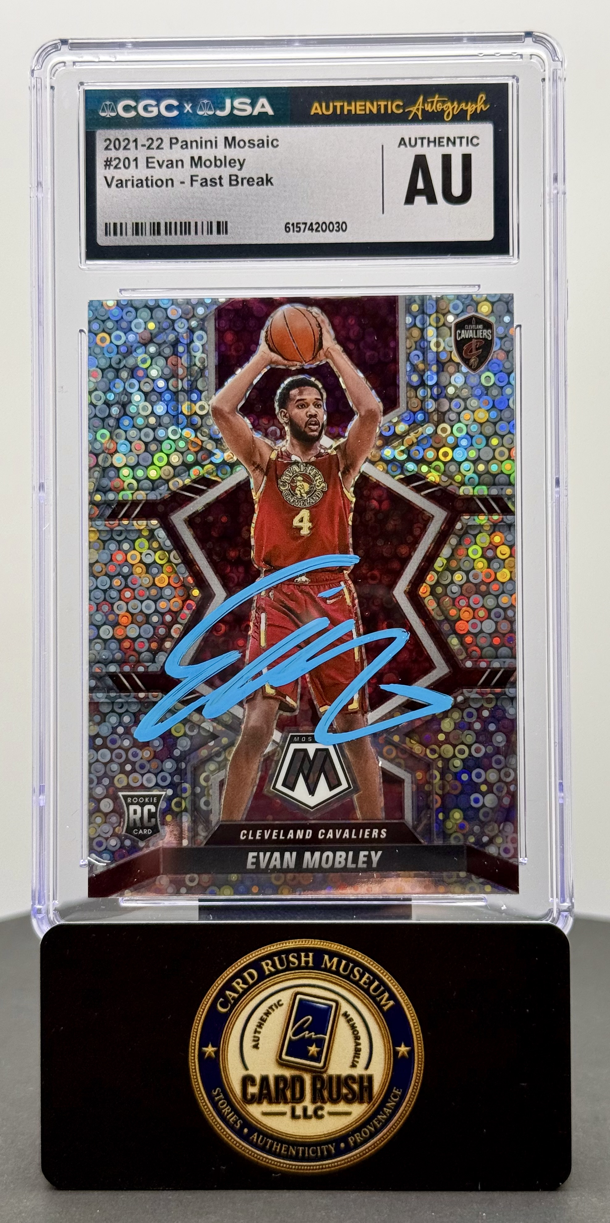 2021-22 Panini Mosaic Fast Break Variation Evan Mobley RC Auto #201 CGC/JSA Authentic Autograph Cleveland Cavaliers Rookie Card, front