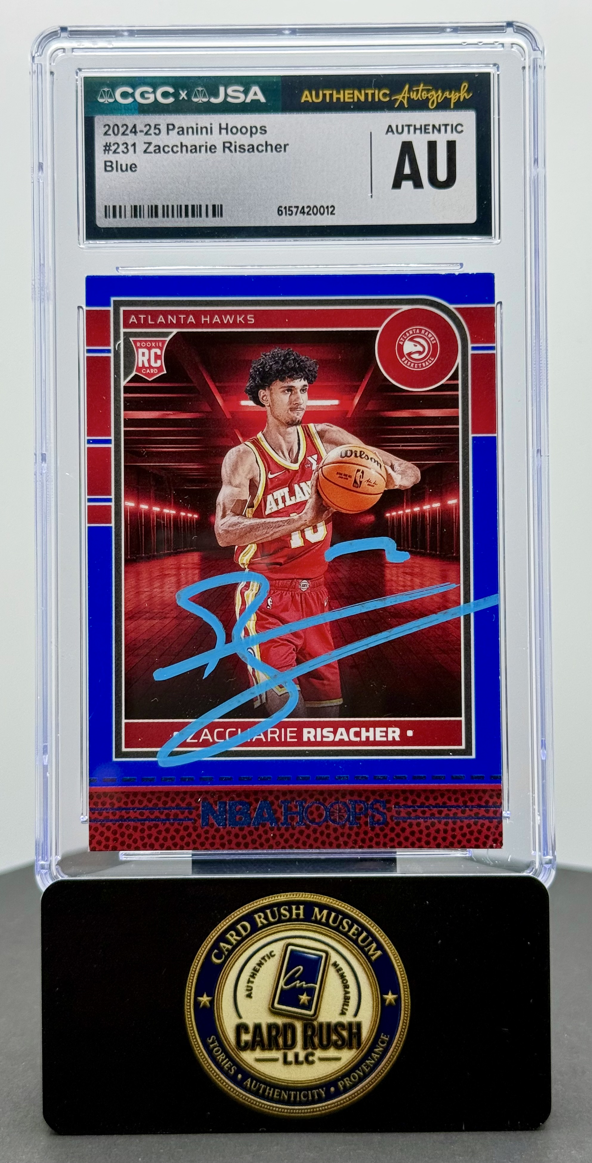 2024-25 Panini Hoops Blue #231 Zaccharie Risacher RC Auto CGC/JSA Authentic, front