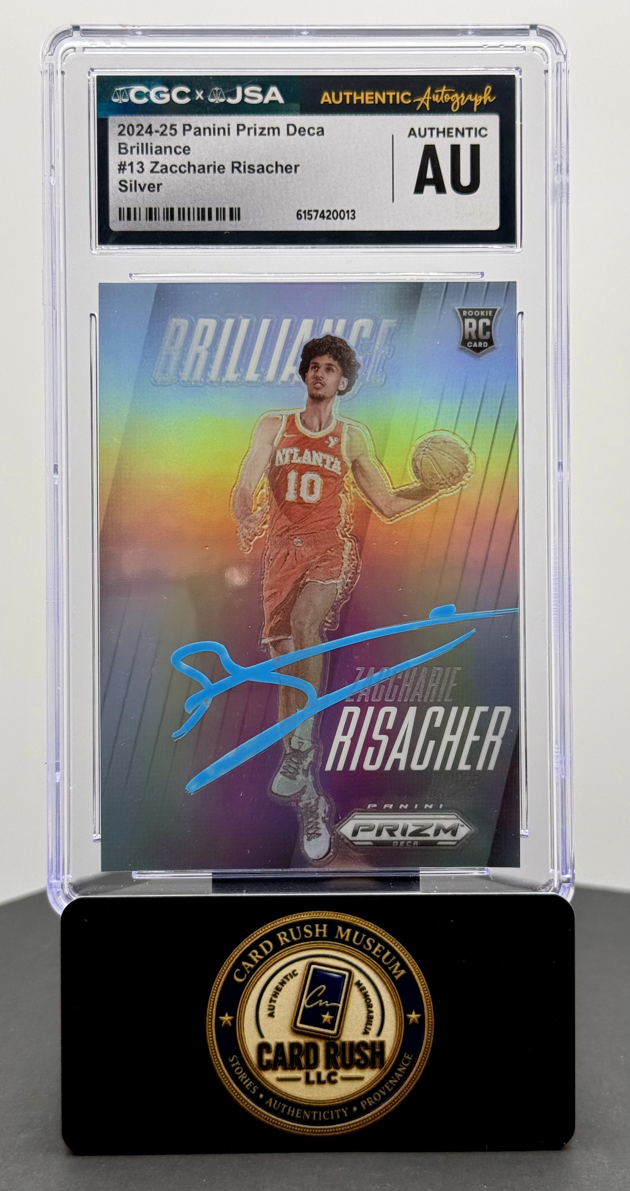 2024-25 Panini Prizm Deca Brilliance Silver Zaccharie Risacher RC Auto CGC/JSA Authentic, front