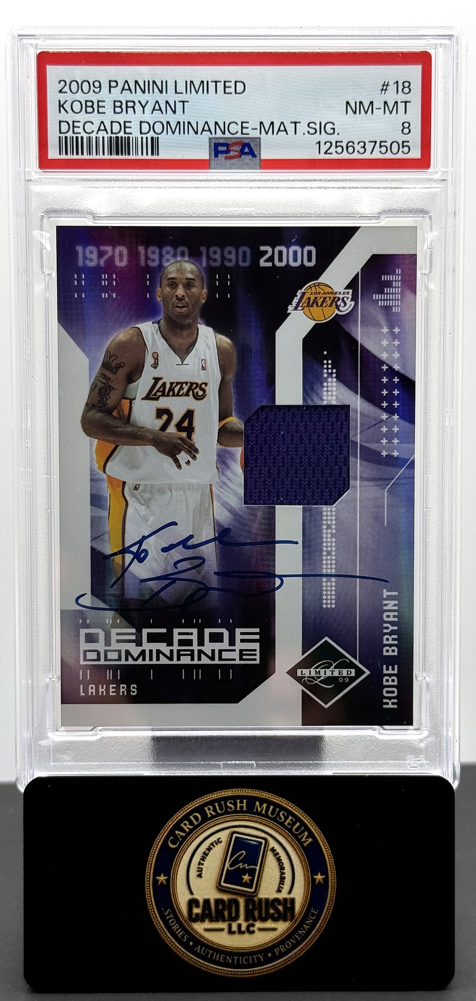 2009-10 Panini Limited Kobe Bryant Decade Dominance Material Signature Autograph Patch Card #18 PSA 8 NM-MT, front