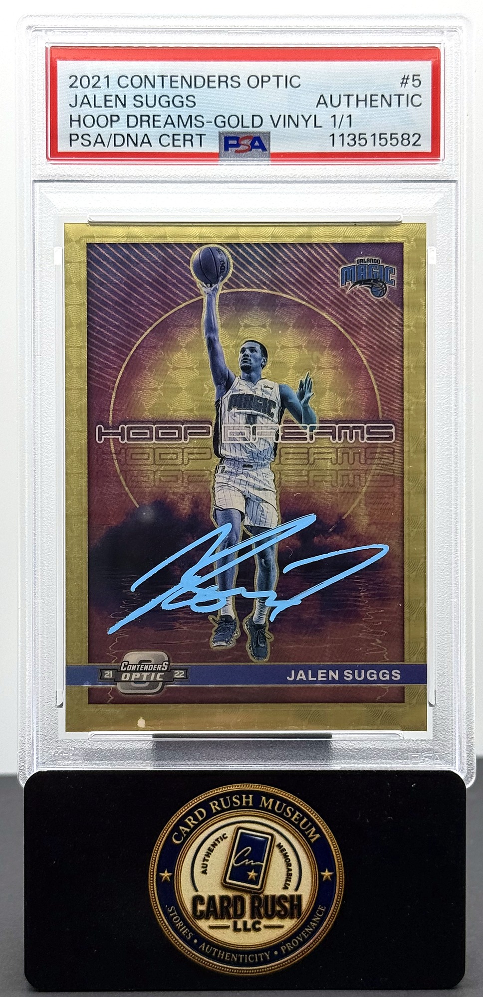 2021-22 Panini Contenders Optic Jalen Suggs Hoop Dreams Gold Vinyl 1/1 RC Auto PSA/PSA-DNA Authentic, front