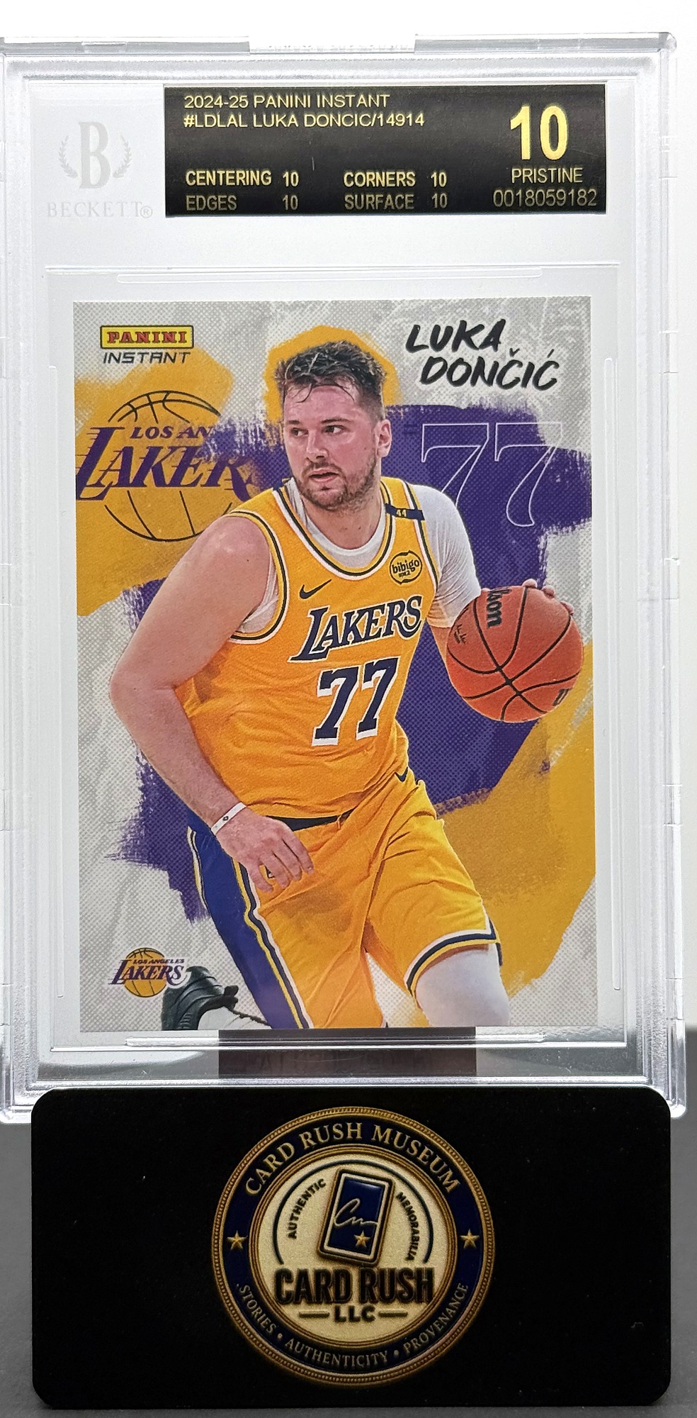 2024-25 Panini Instant Luka Dončić Los Angeles Lakers Debut Card BGS Black Label 10 Pristine /14914, front