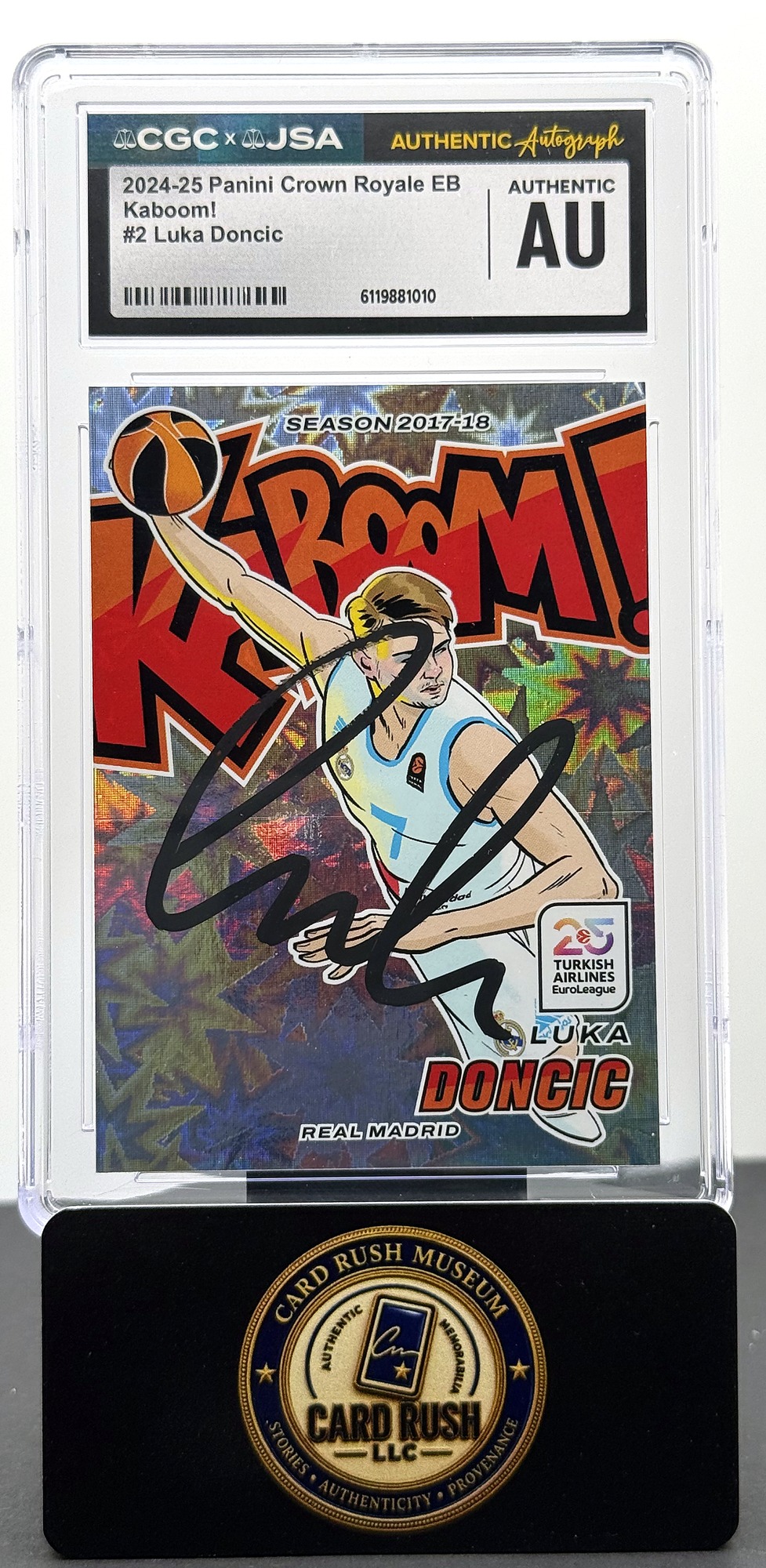 2024-25 Panini Crown Royale EuroLeague Basketball Kaboom! #2 Luka Doncic CGC/JSA Authentic Auto Real Madrid, front