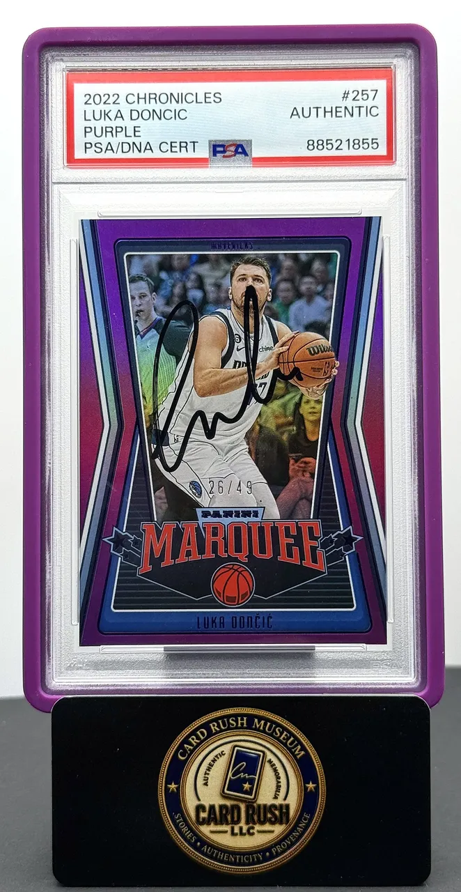2022-23 Panini Chronicles Marquee Luka Doncic Purple Parallel Autograph #257 /49 PSA/PSA/DNA Authentic