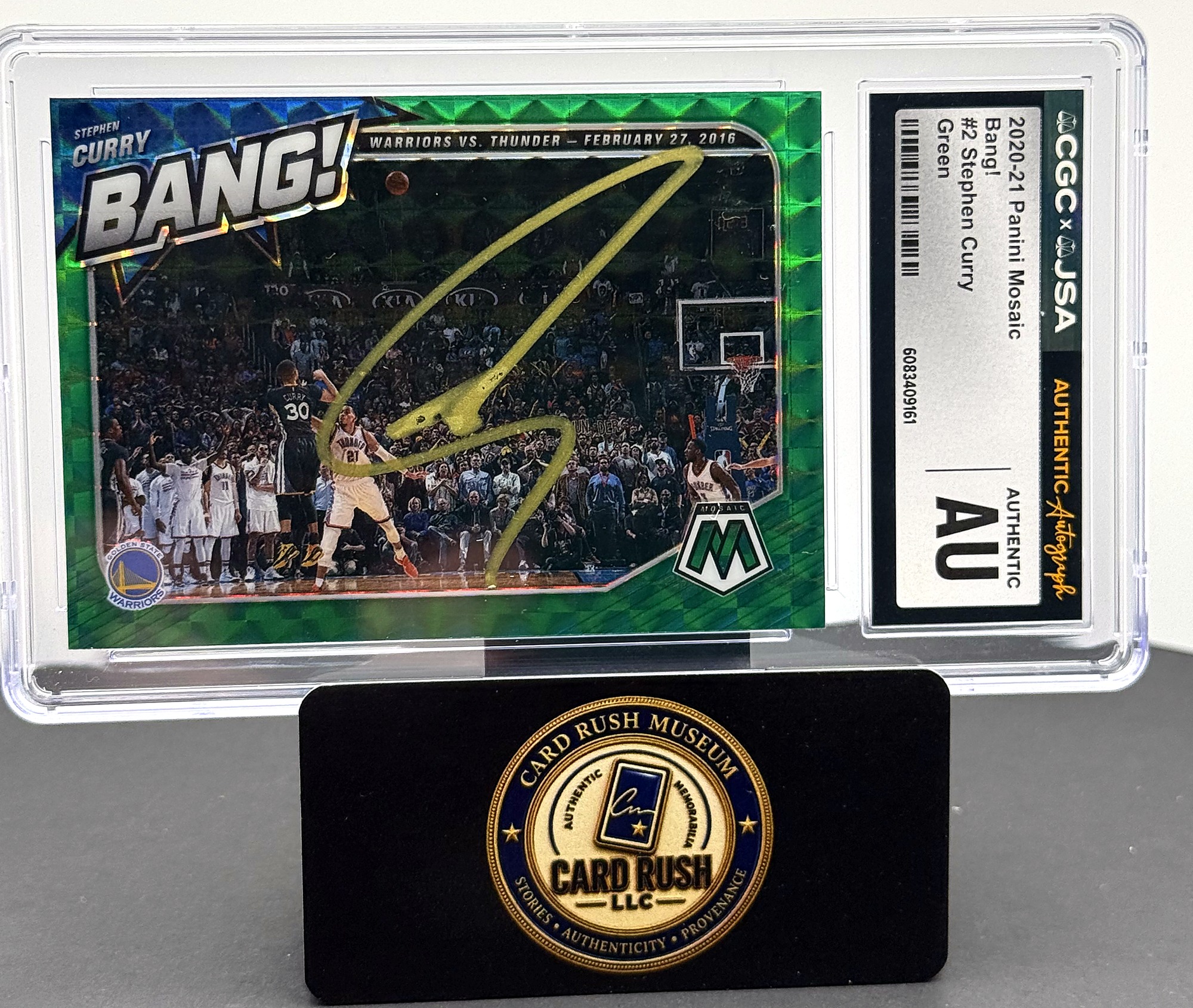2020-21 Panini Mosaic Bang! Green Stephen Curry #2 Autograph CGC/JSA Authentic, front