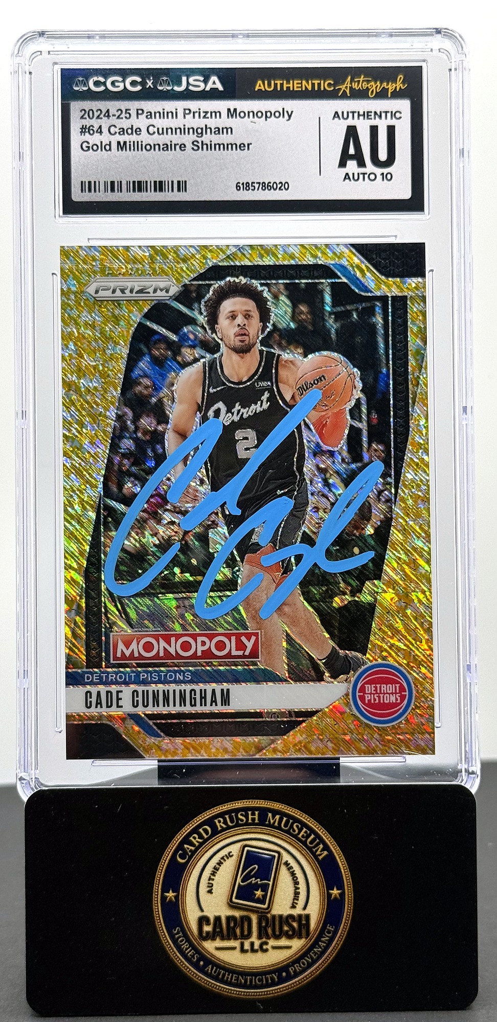 2024-25 Panini Prizm Monopoly Cade Cunningham #64 Gold Millionaire Shimmer Autograph /500 CGC/JSA Authentic Auto 10, front