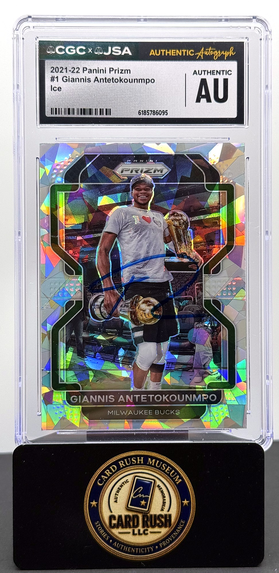 2021-22 Panini Prizm #1 Giannis Antetokounmpo Ice Auto CGC/JSA Authentic Autograph, front
