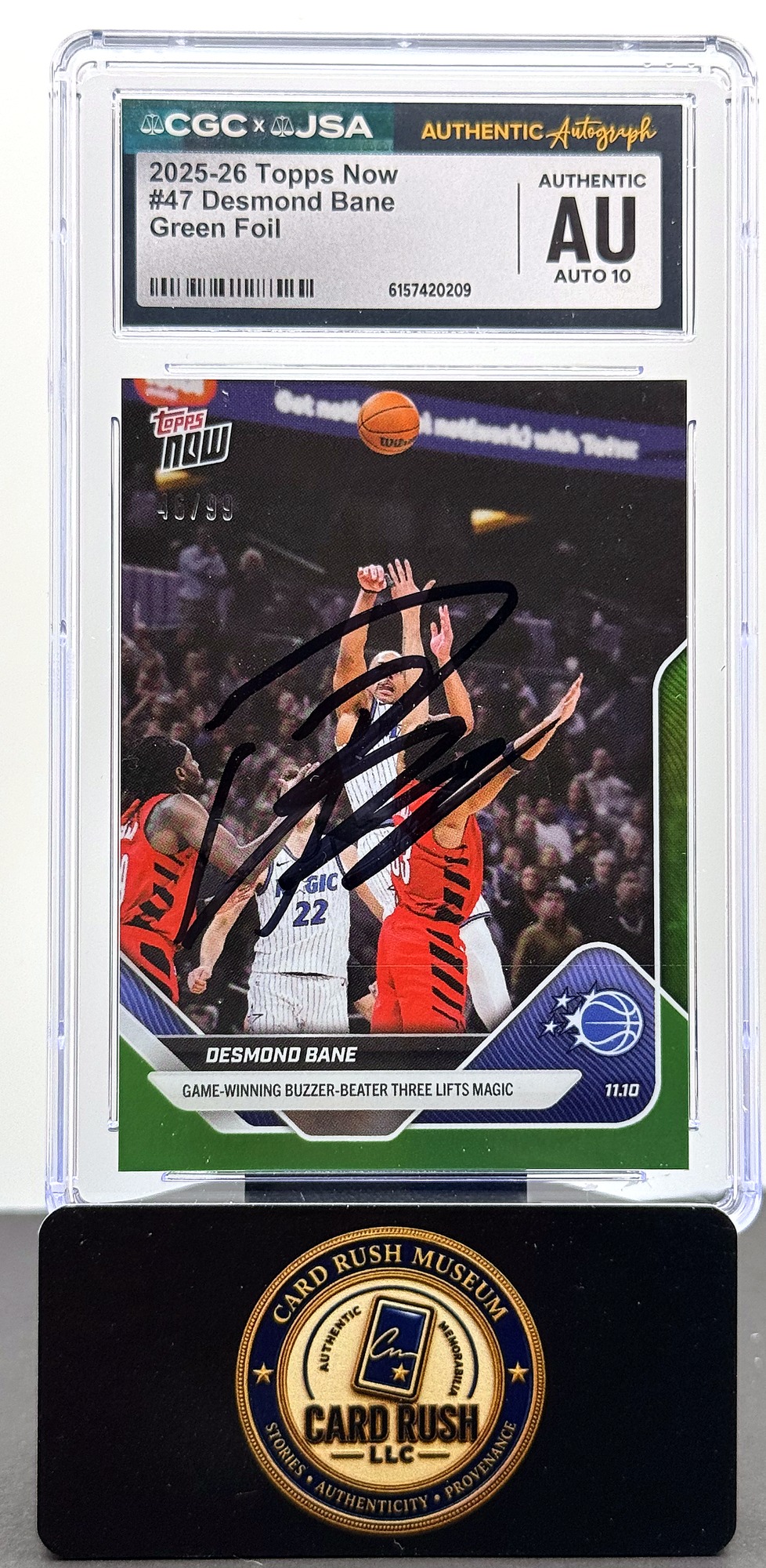2025-26 Topps Now #47 Desmond Bane Green Foil Auto /99 CGC/JSA Authentic Autograph Auto 10, front