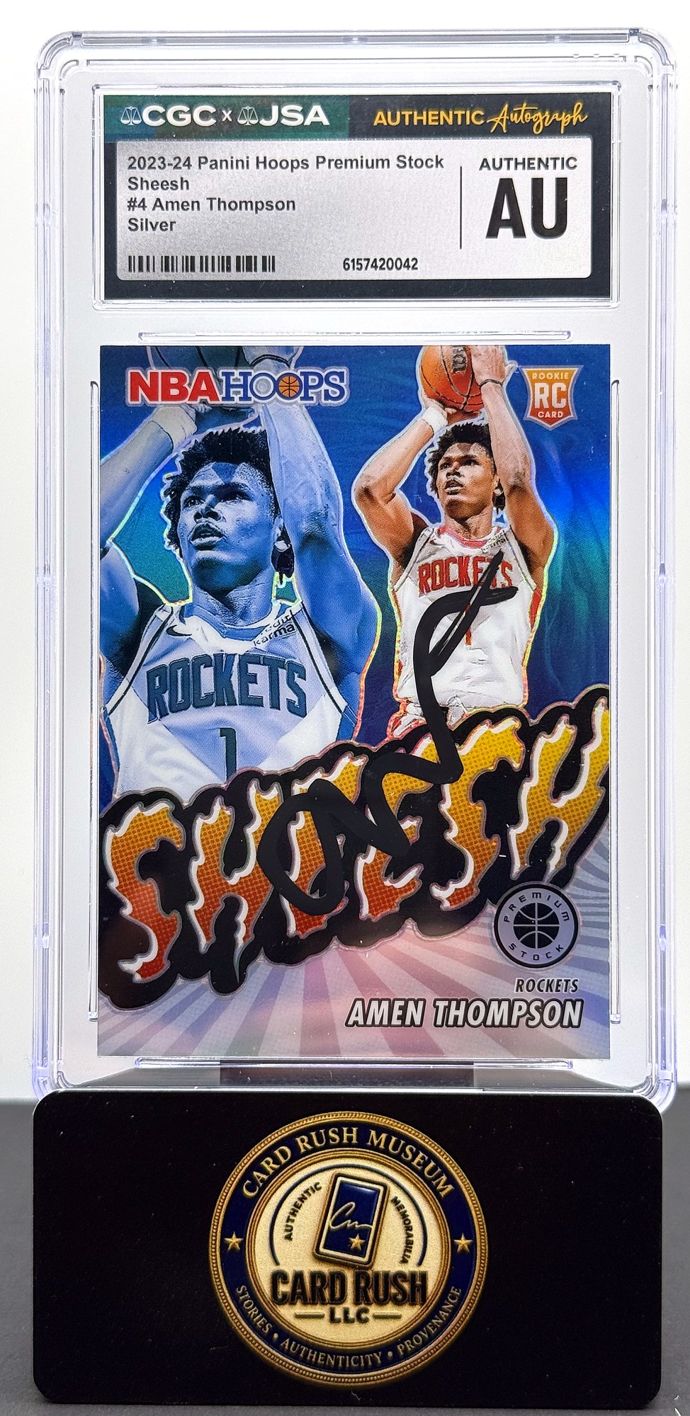2023-24 Panini Hoops Premium Stock Sheesh #4 Amen Thompson Silver RC Auto CGC/JSA Authentic Autograph, front