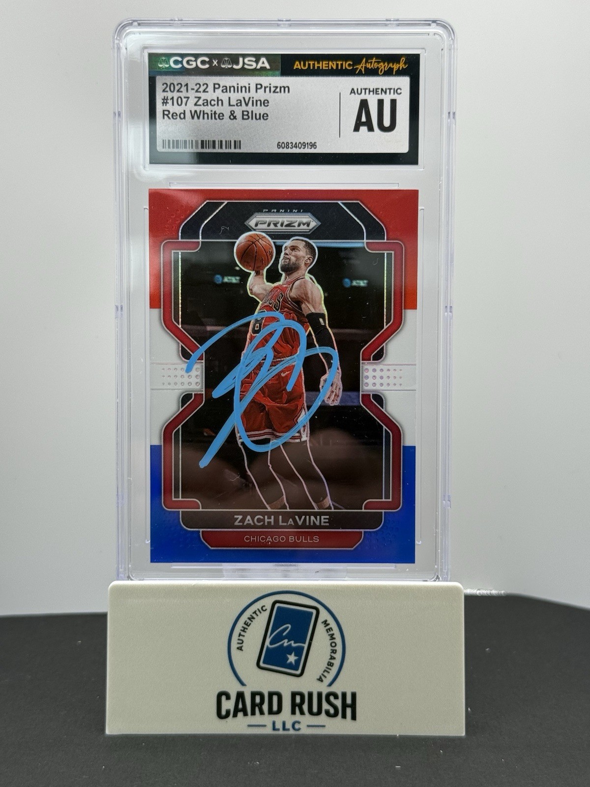 2021-22 Panini Prizm Zach LaVine Red White and Blue IP Auto CGC/JSA Authentic, front