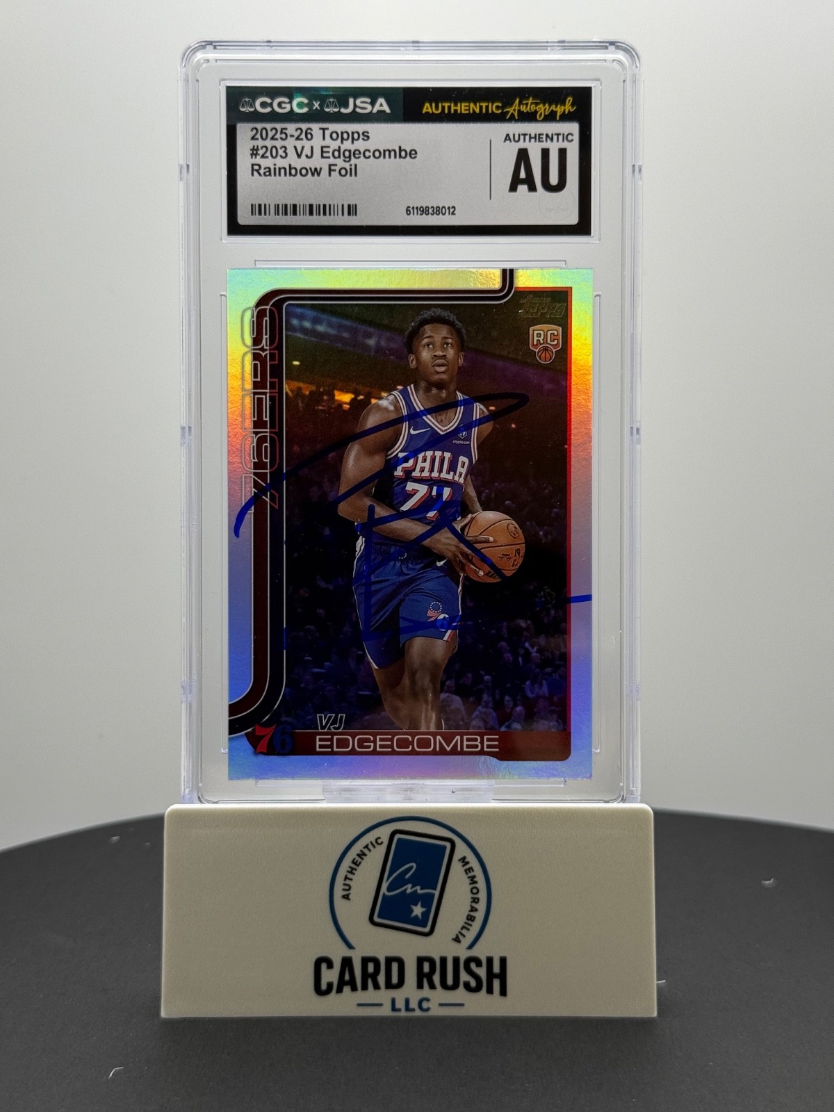 VJ Edgecombe 2025-26 Topps Rainbow Foil RC IP Auto CGC Authentic, front