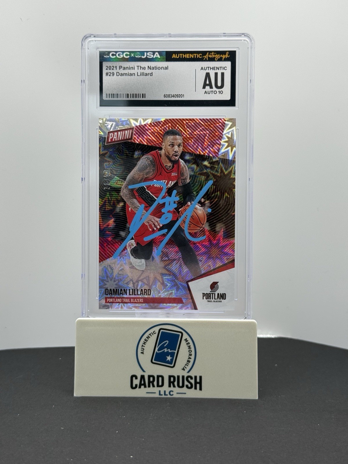 Damian Lillard 2021 Panini The National KABOOM Explosion 38/50 IP Auto CGC/JSA, front