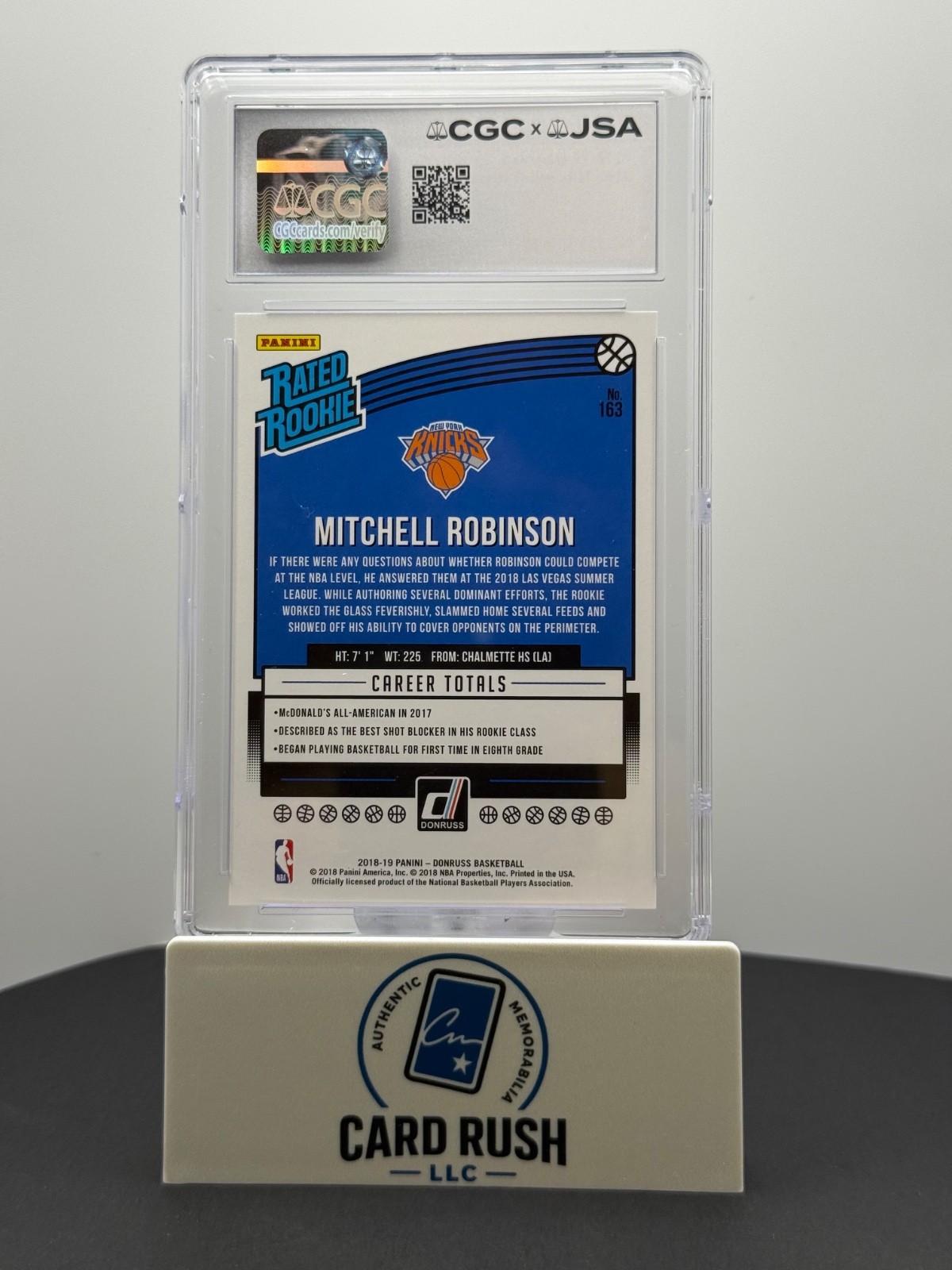 2018-19 Donruss Mitchell Robinson Rated Rookie IP Auto CGC Authentic, back