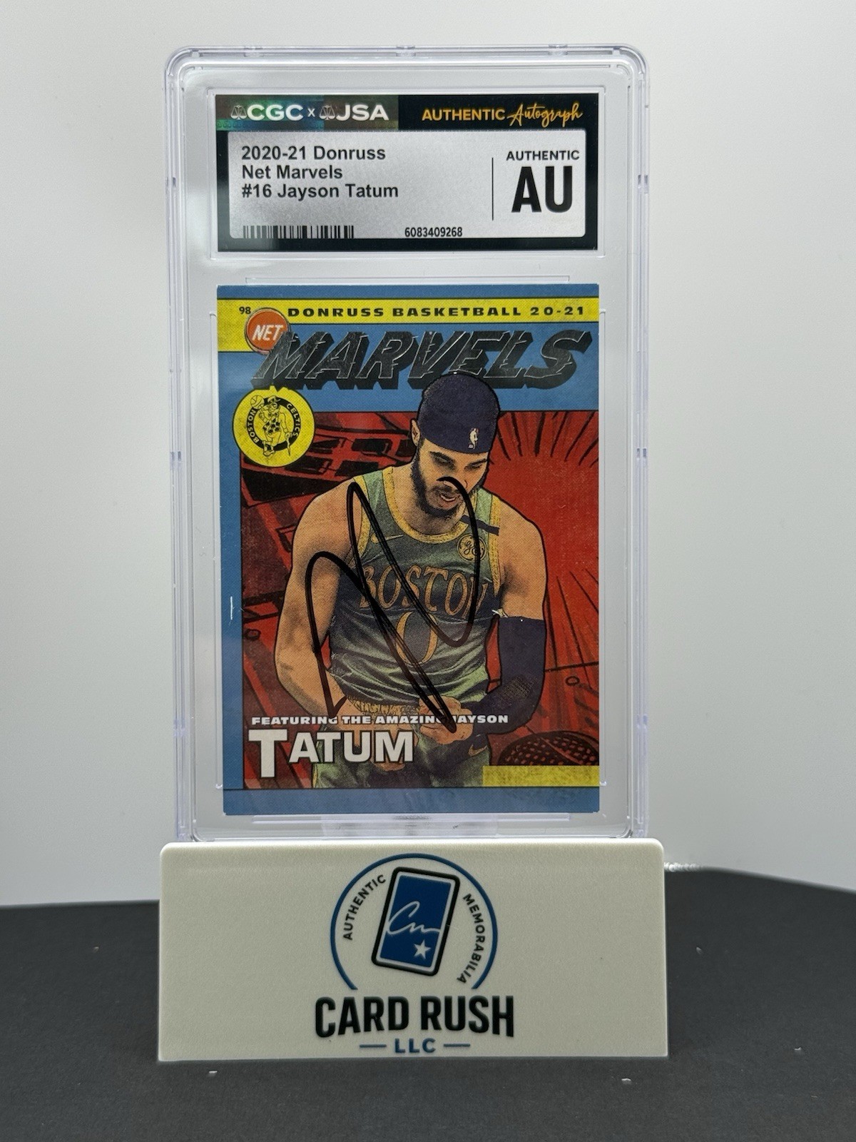 2020-21 Donruss Net Marvels #16 Jayson Tatum In Person Autograph CGC/JSA Authentic, front