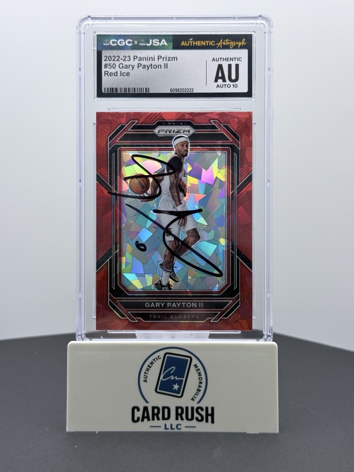 2022-23 Panini Prizm Gary Payton II Red Ice IP Autograph CGC/JSA Graded Auto 10, front