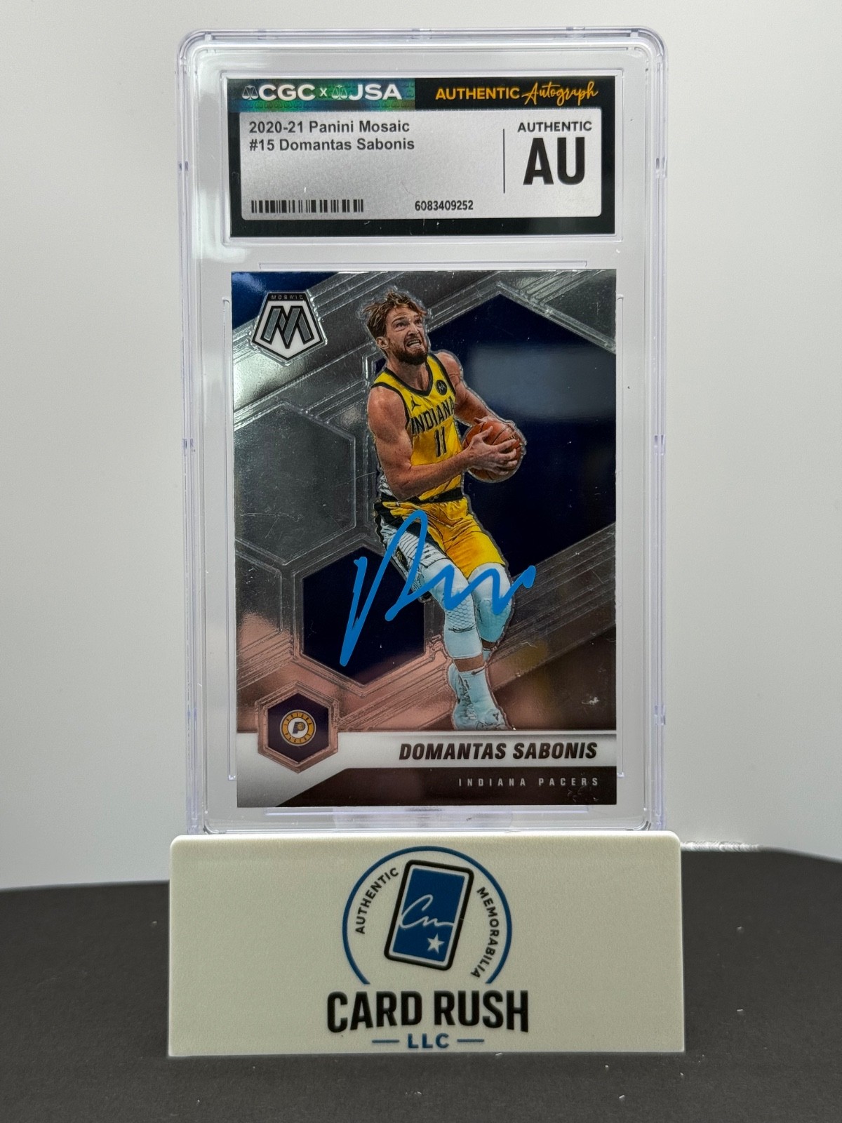 2020-21 Panini Mosaic #15 Domantas Sabonis In-Person Auto CGC/JSA Authentic, front