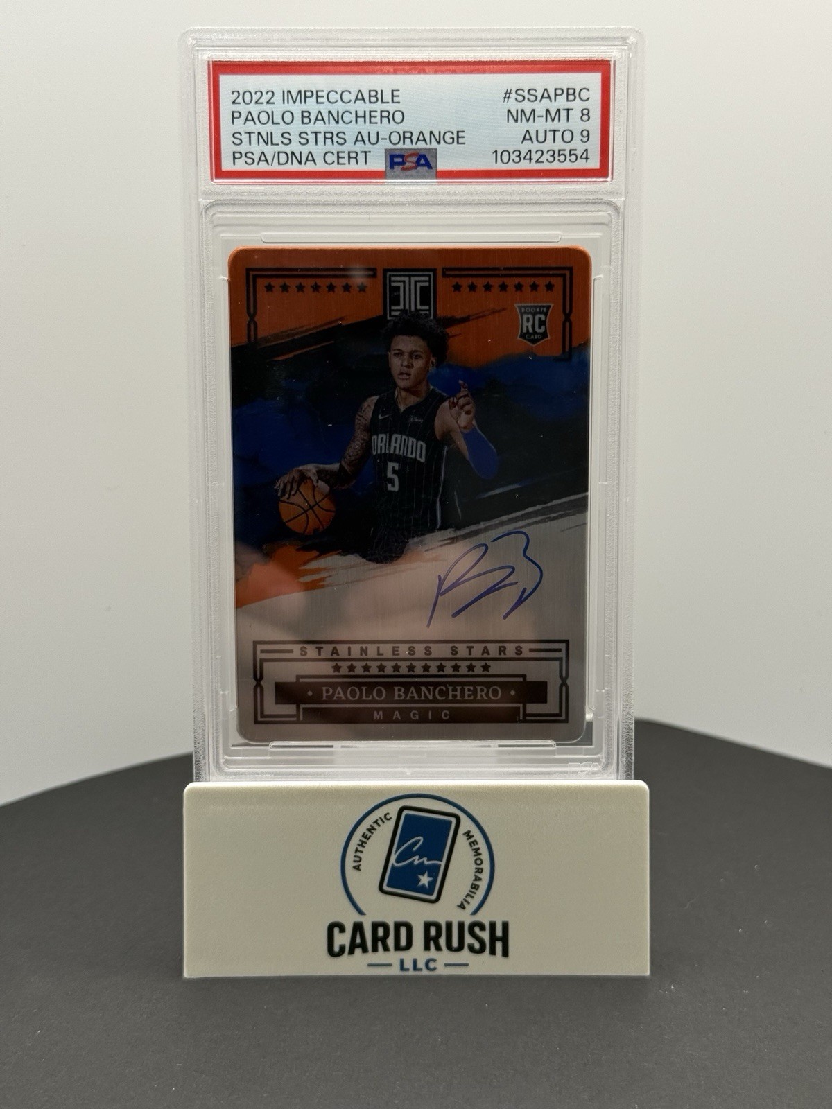 2022-2023 PANINI IMPECCABLE STAINLESS STARS PAOLO BANCHERO RC AUTO 3/25, front