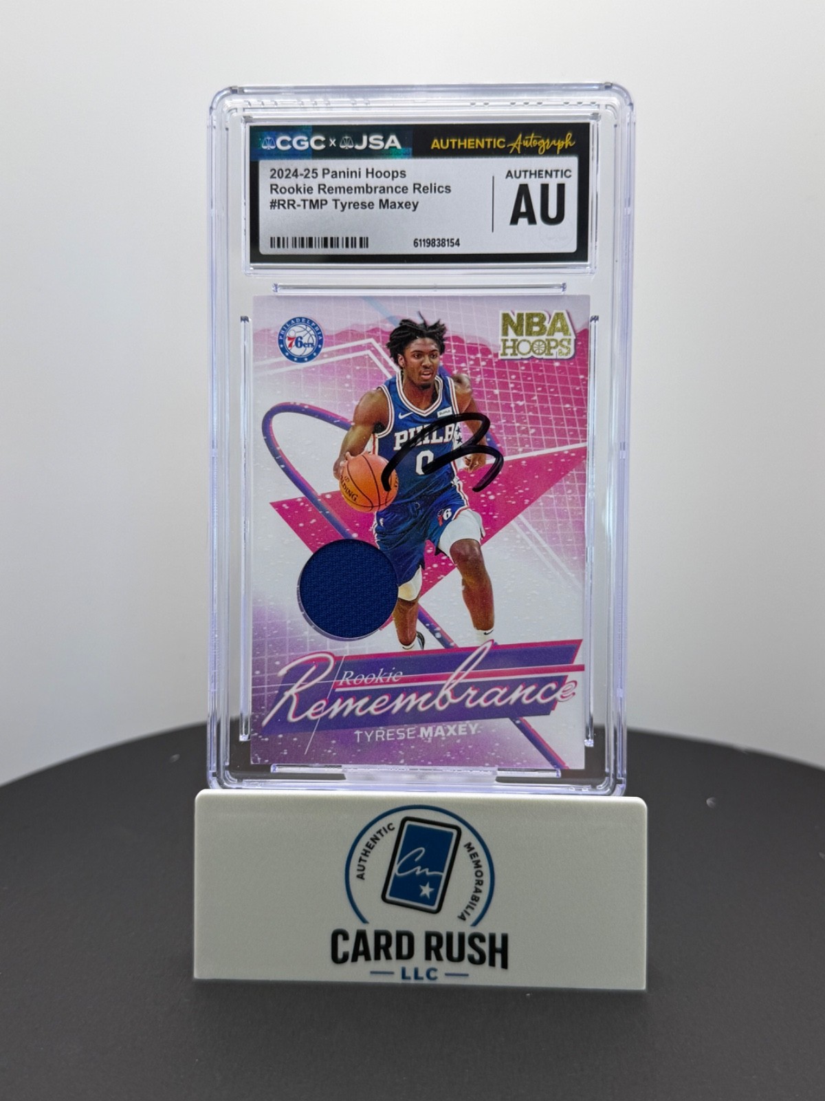 Panini 2024-25 NBA Hoops Tyrese Maxey Rookie Remembrance Relic IP Auto CGC, front