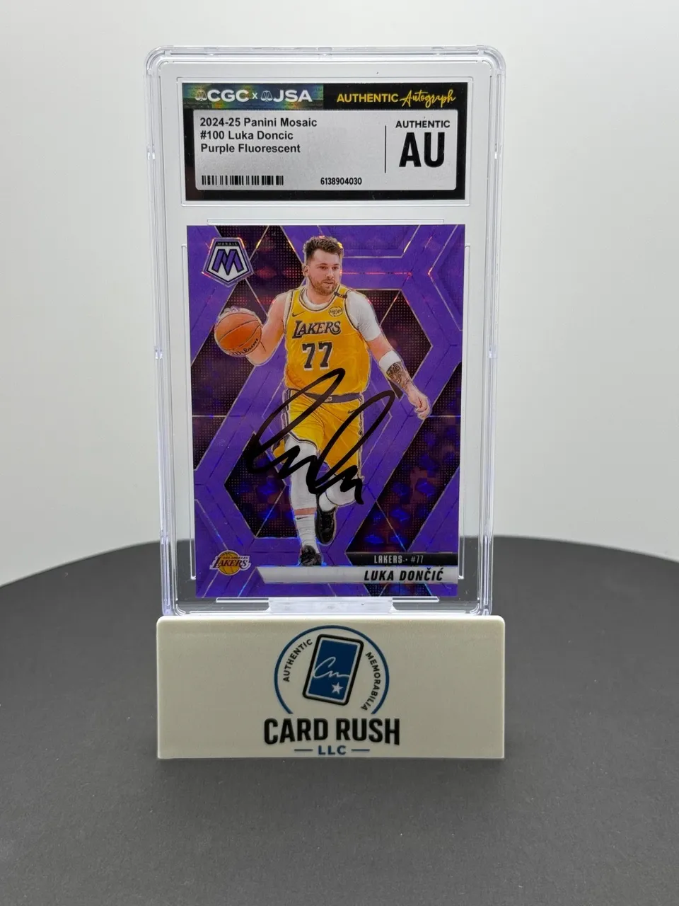 2024-25 Panini Mosaic Luka Doncic Purple Fluorescent Mosaic /249 IP Auto CGC/JSA