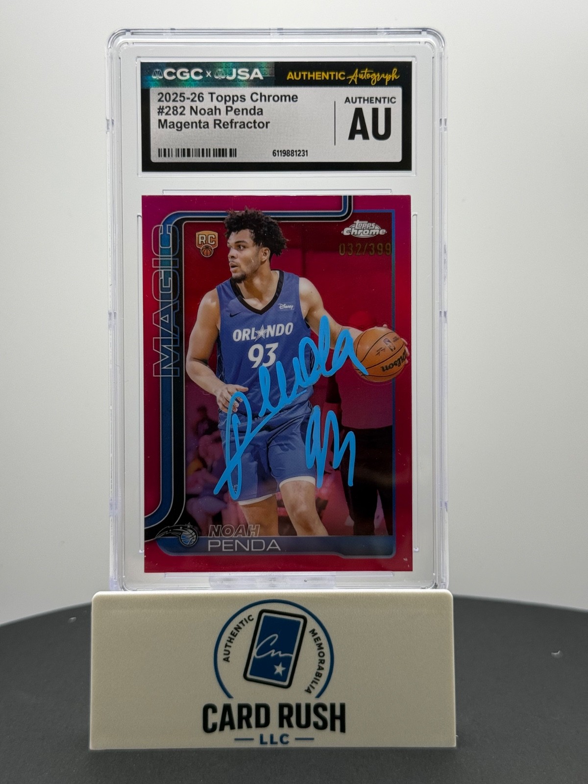NOAH PENDA 2025-26 Topps Chrome Rookie Magenta Refractor 32/399 RC IP Auto CGC, front