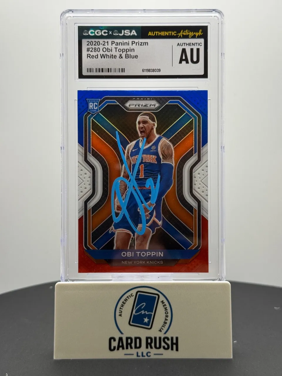 2020-21 Panini Prizm Obi Toppin Red White & Blue RC IP Auto CGC/JSA Authentic