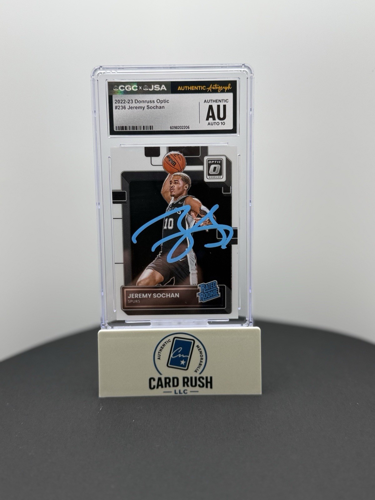 2022-23 Donruss Optic Rated Rookie Jeremy Sochan IP Graded Auto 10 By CGC/JSA, front