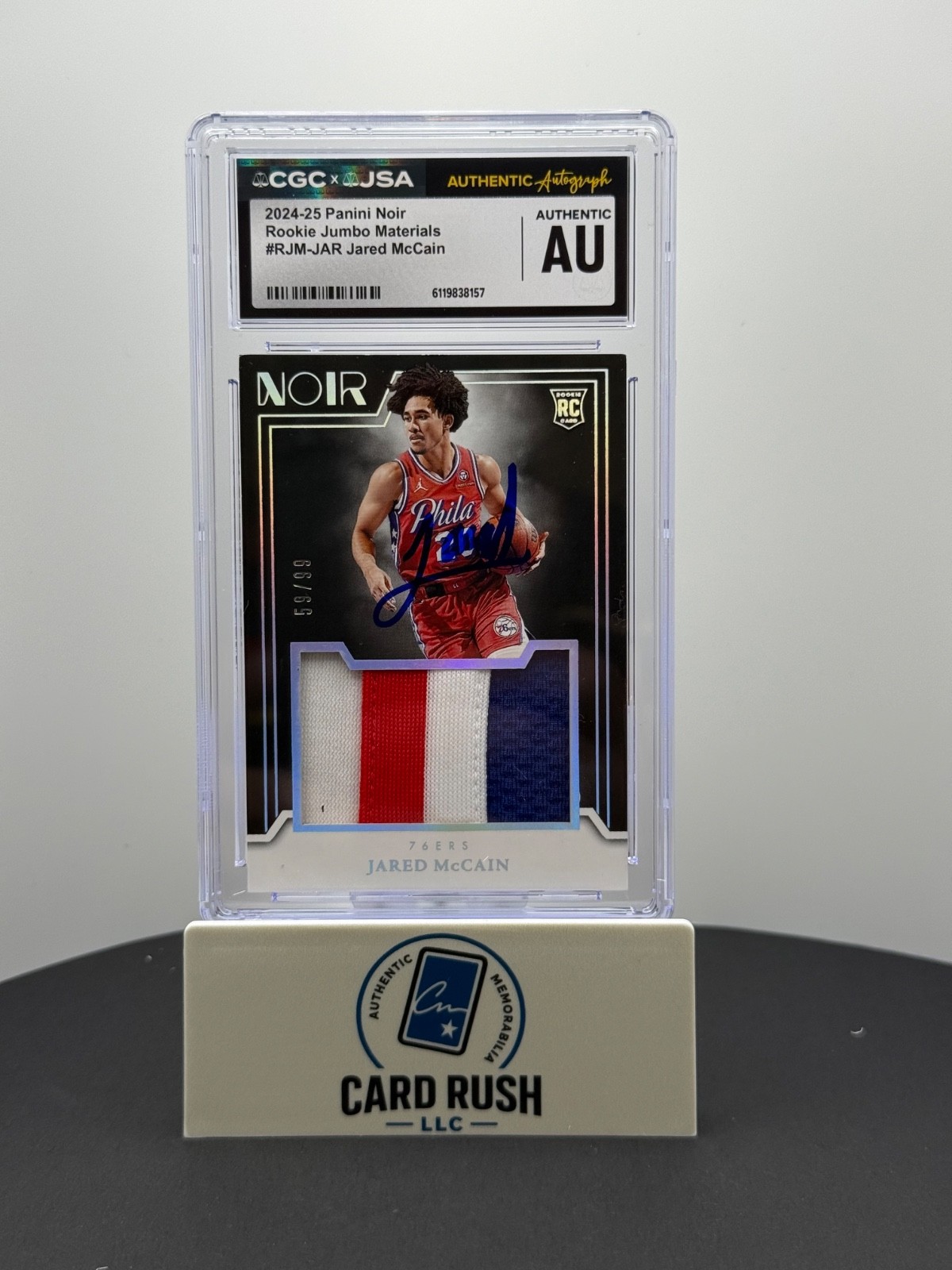 2024-25 Panini Noir Jared McCain Rookie Jumbo Material /99 RPA IP Auto CGC Au, front