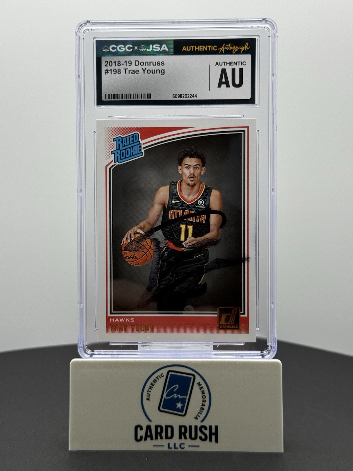2018-19 Donruss Rated Rookie Trae Young In-Person Auto CGC/JSA Authentic, front