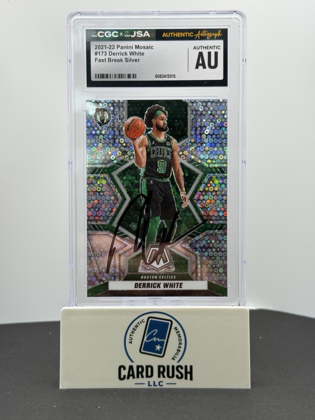 2021-22 Panini Mosaic Fast Break Silver Prizm Derrick White IP Auto CGC/JSA Au, front