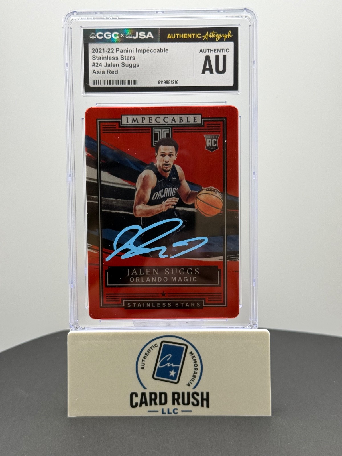 2021-22 Panini Impeccable Stainless Stars Asia Red Jalen Suggs RC IP Auto CGC Au, front