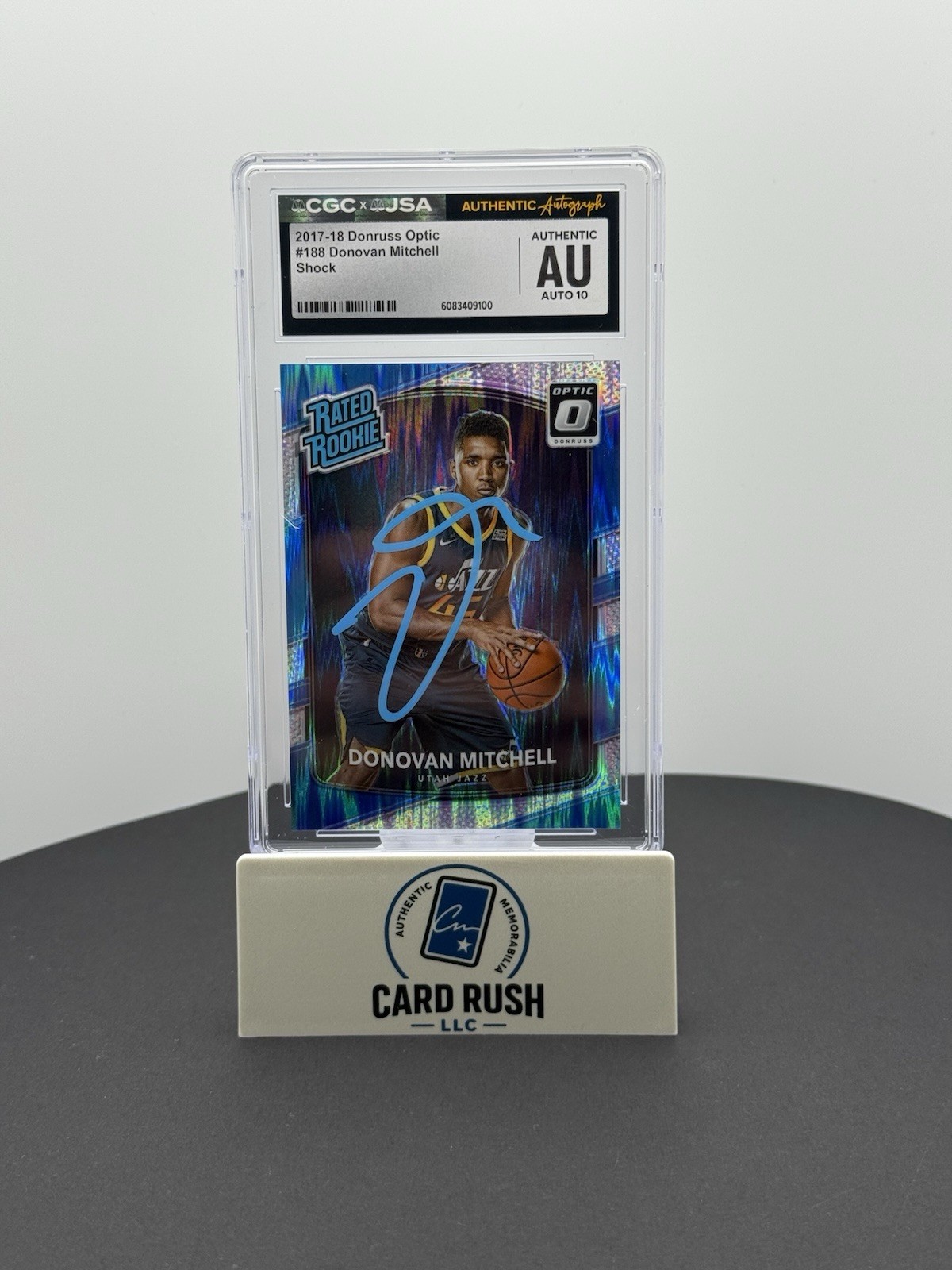2017-18 Panini Donruss Optic Rated Rookie Donovan Mitchell Shock IP Auto 10 CGC, front