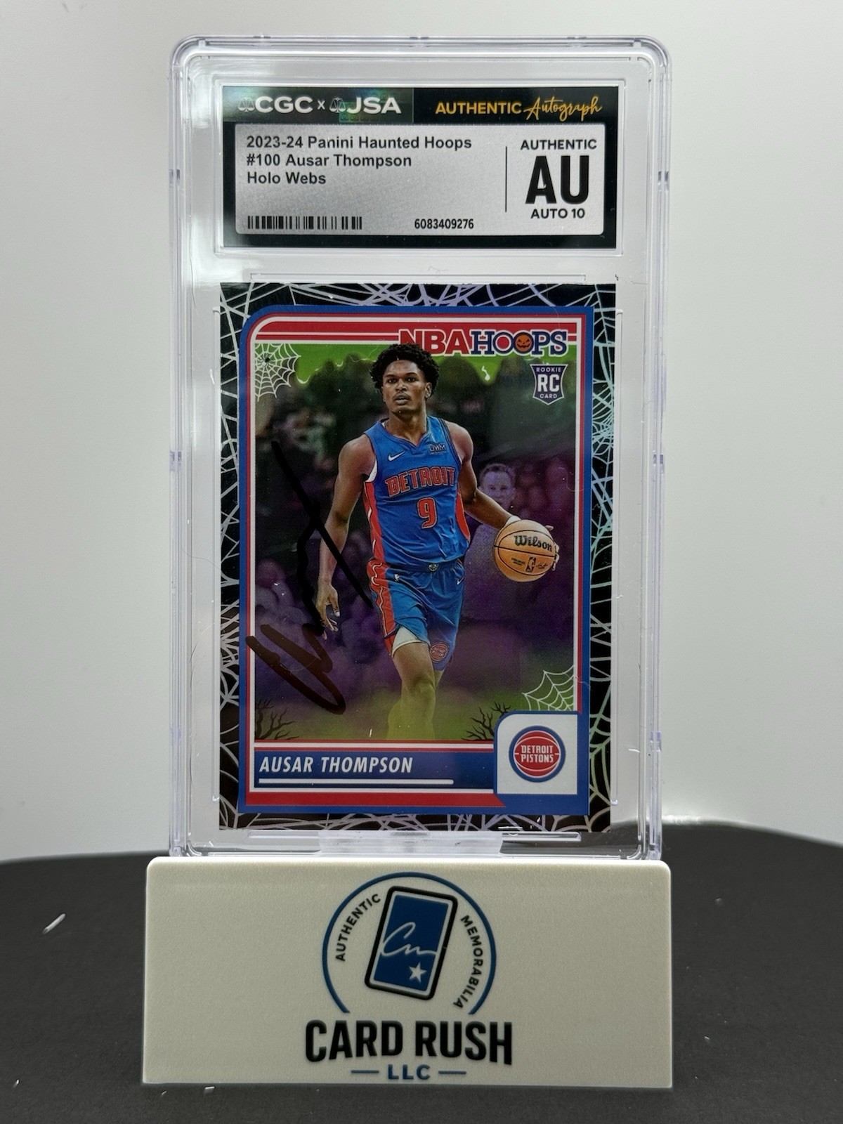 2023-24 Panini Haunted Hoops Ausar Thompson RC Holo Web IP Auto 10 CGC Authentic, front