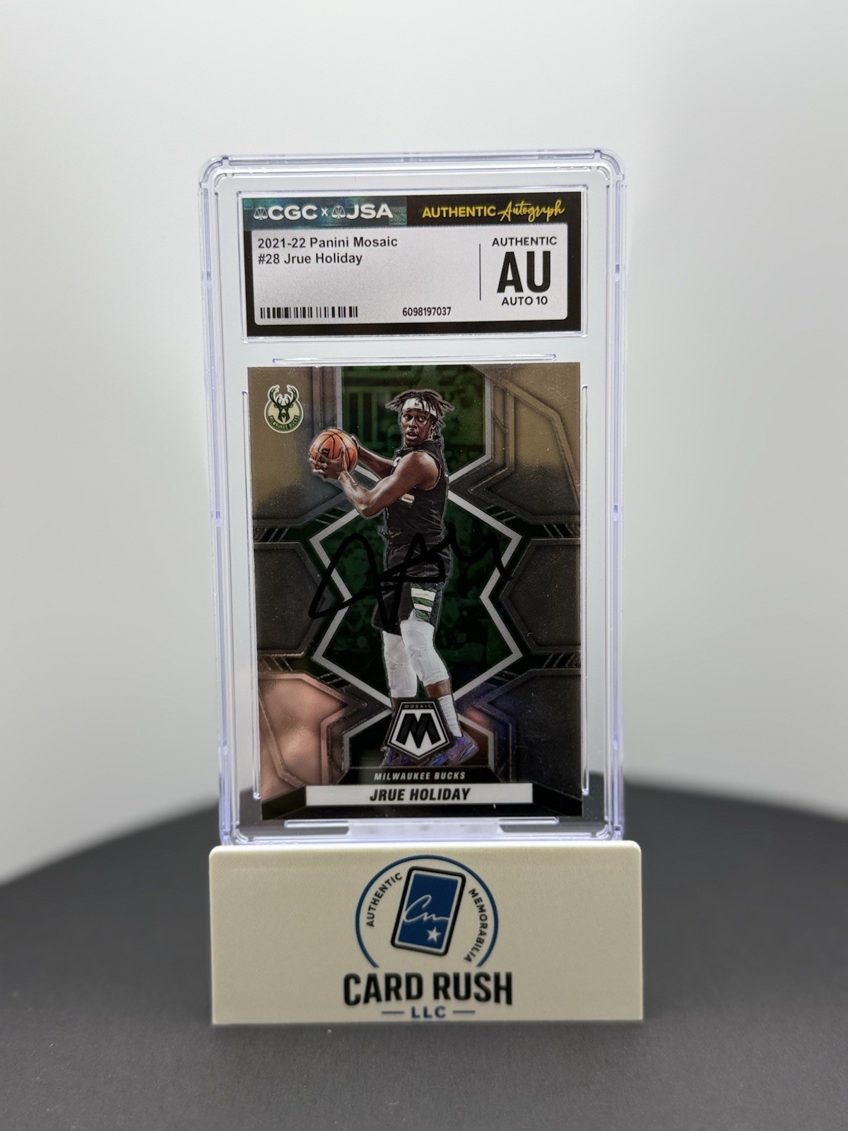 2021-22 Panini Mosaic Jrue Holiday In-Person CGC/JSA Graded Auto 10, front