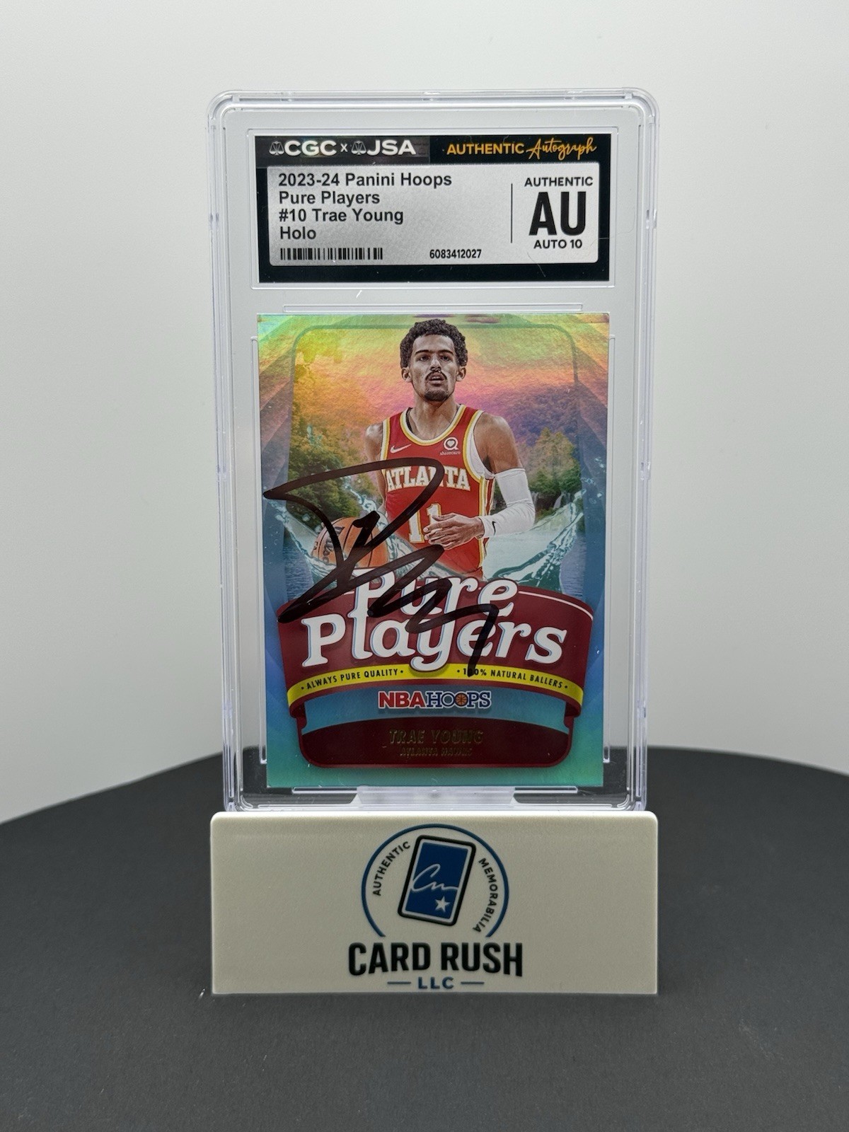 2023-24 Panini Hoops Pure Players Trae Young Holo IP Auto 10 CGC/JSA Authentic, front