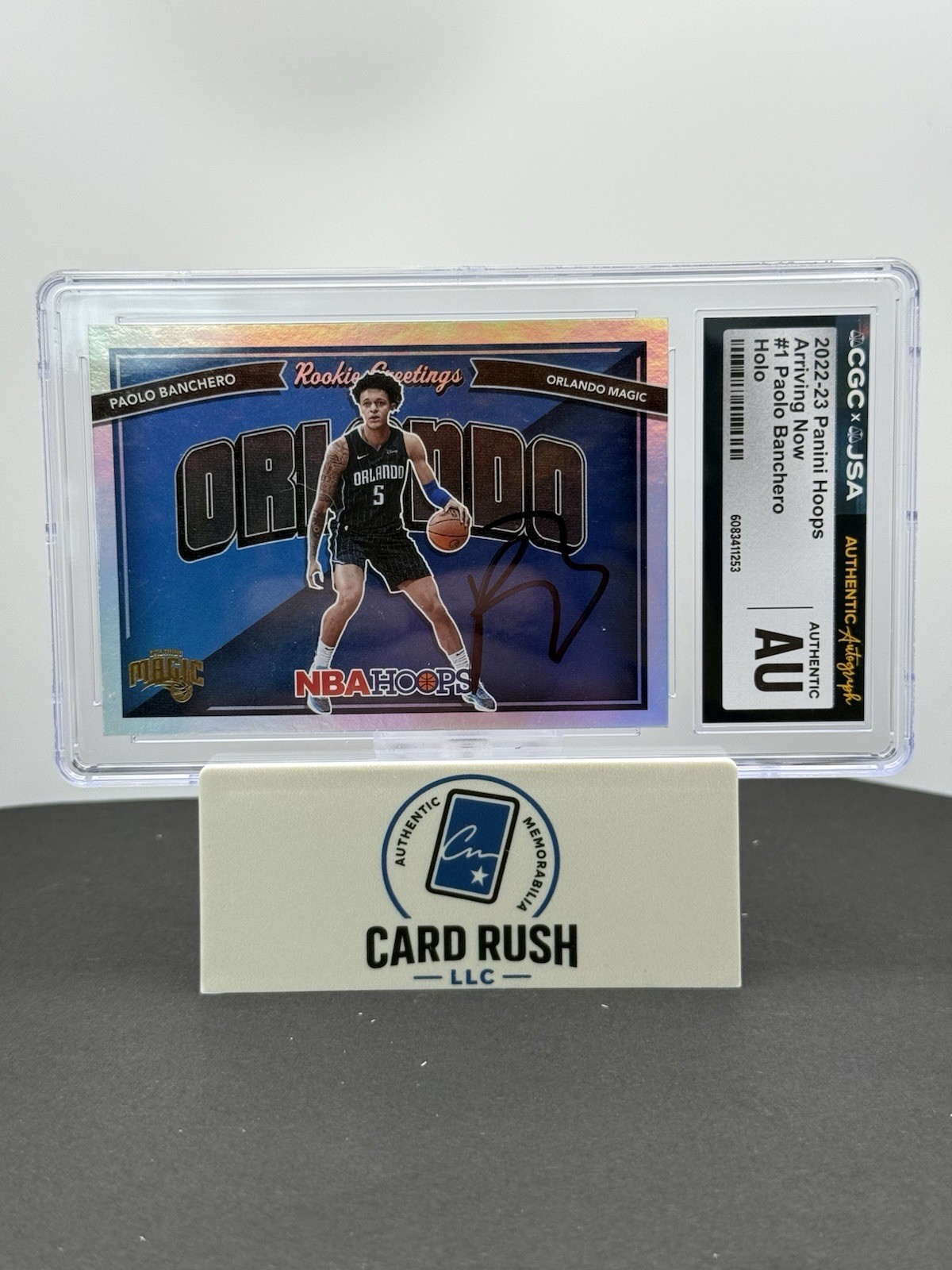 2022-23 Paolo Banchero RC Panini NBA Hoops Rookie Greetings Holo IP Auto CGC, front