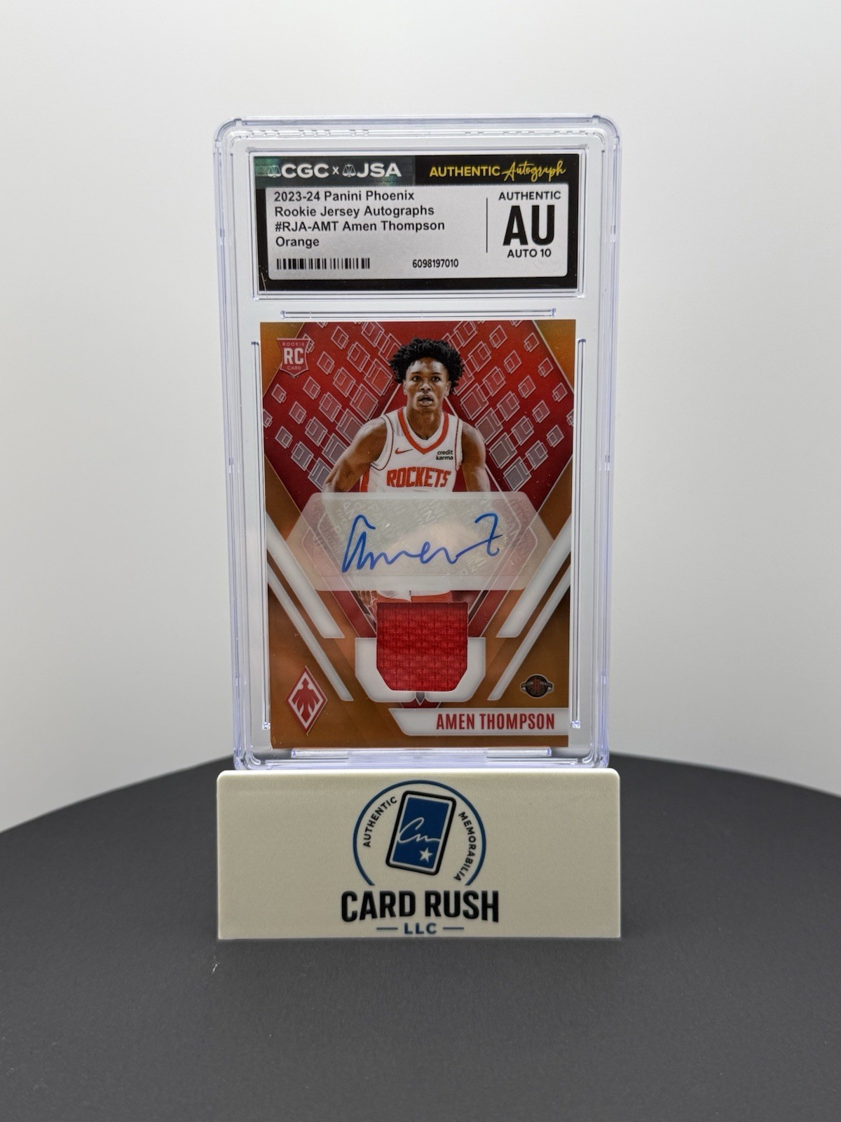 2023-24 Panini Phoenix Rookie Jersey Autographs Amen Thompson Orange CGC Auto10, front