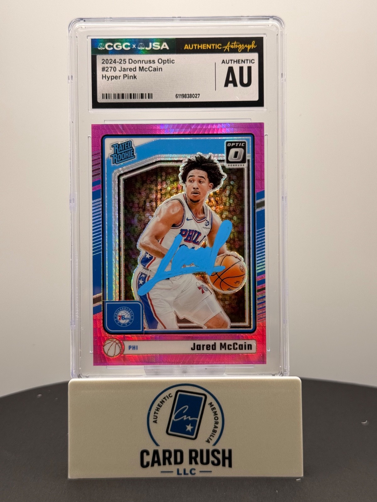 2024-25 Panini Donruss Optic Rated Rookie Jared McCain Pink Hyper Prizm IP Auto, front