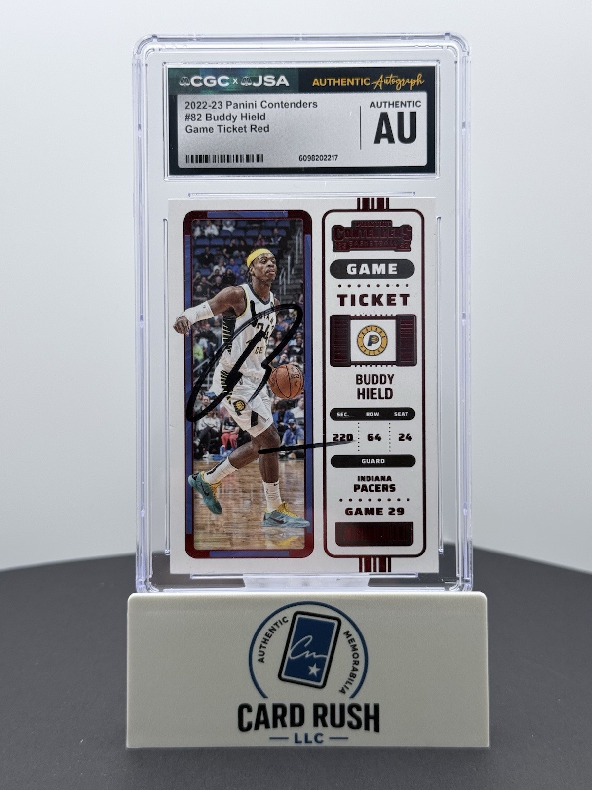2022-23 Panini Contenders Buddy Hield Game Ticket Red IP Auto CGC/JSA Authentic, front