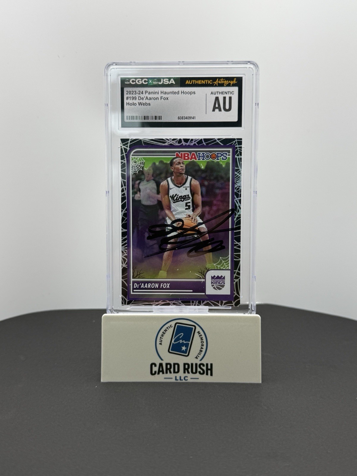 2023-24 Panini Haunted Hoops De’Aaron Fox Holo Webs CGC/JSA Authentic, front