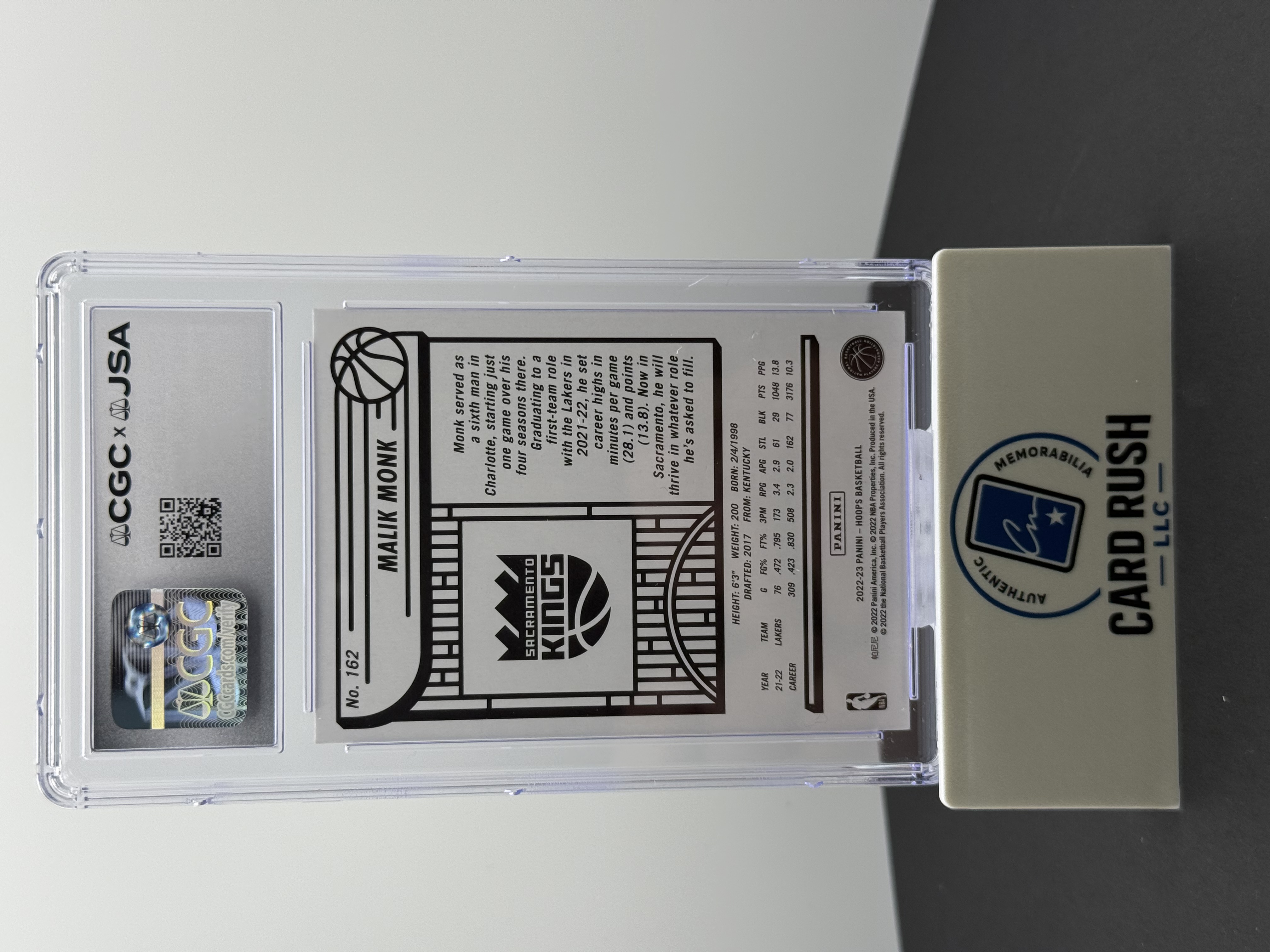2022-23 Panini Hoops Malik Monk Purple In-Person Autograph CGC-JSA Grade AUTO 10, back