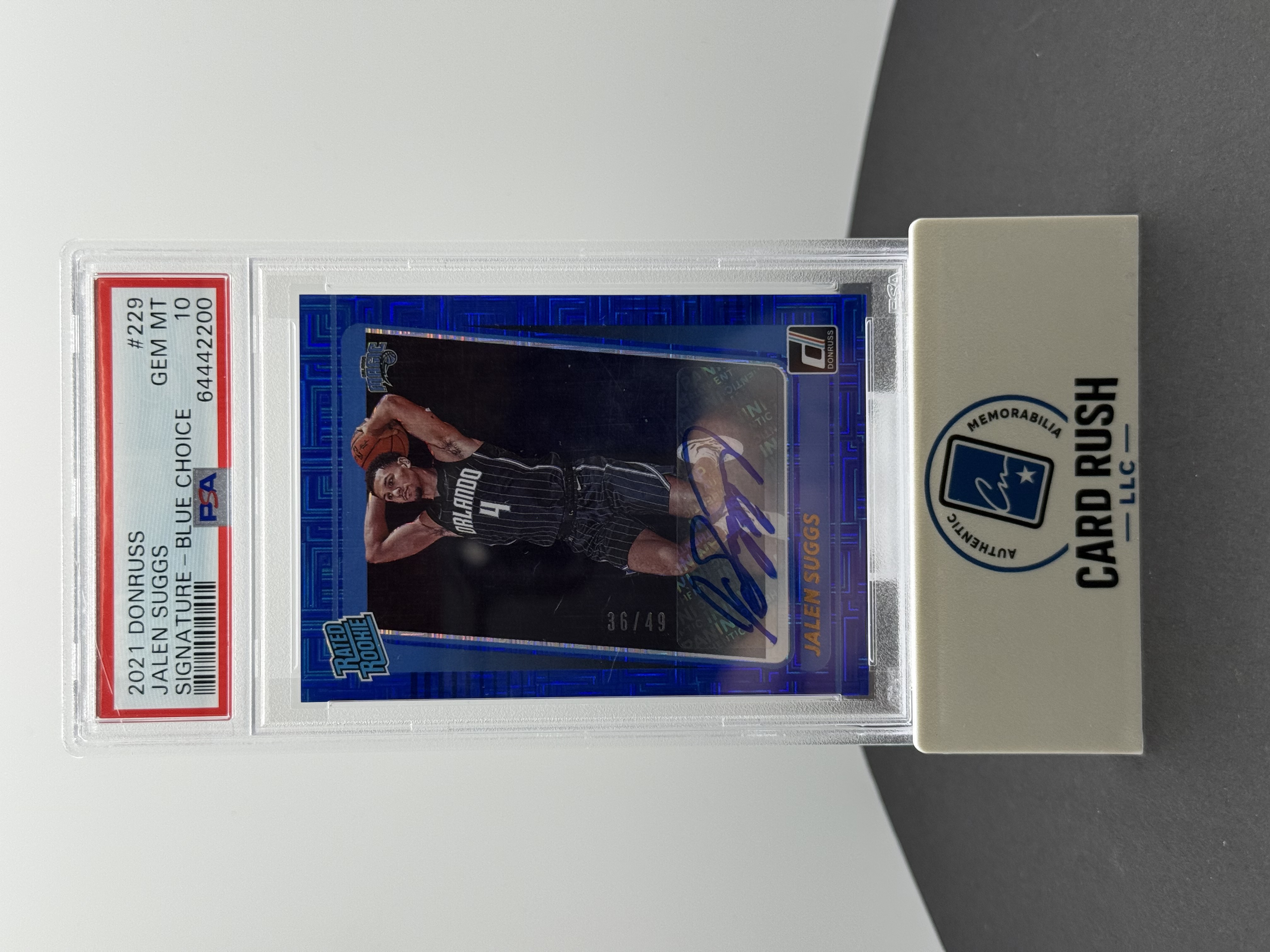 2021-22 Donruss Jalen Suggs Rated Rookie Signature Blue Choice Card, front