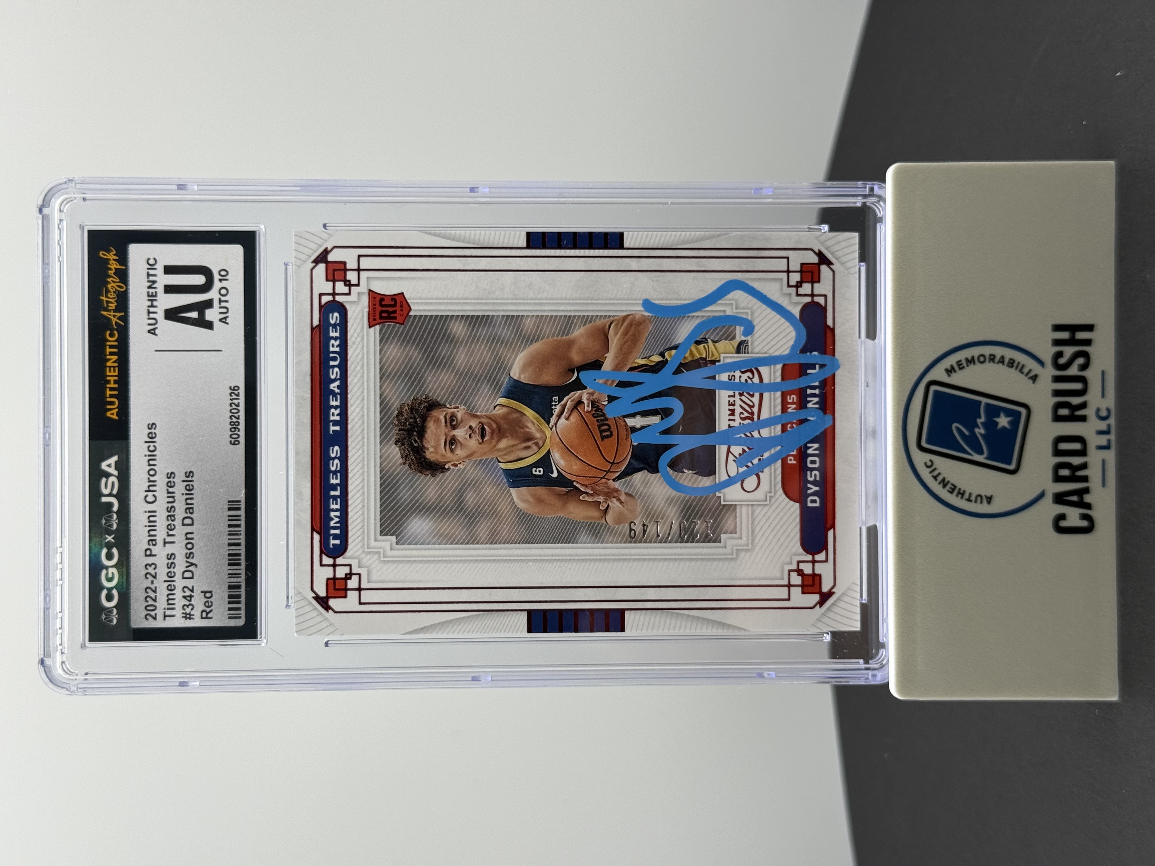 2022-23 Panini Timeless Treasures Dyson Daniels Red /149 (RC) IP Autograph, front