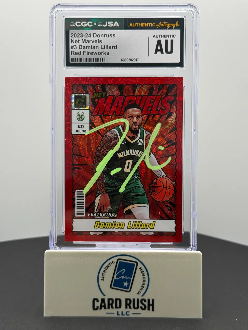 Damian Lillard 2023-24 Panini Donruss Net Marvels Red Fireworks IP CGC auto