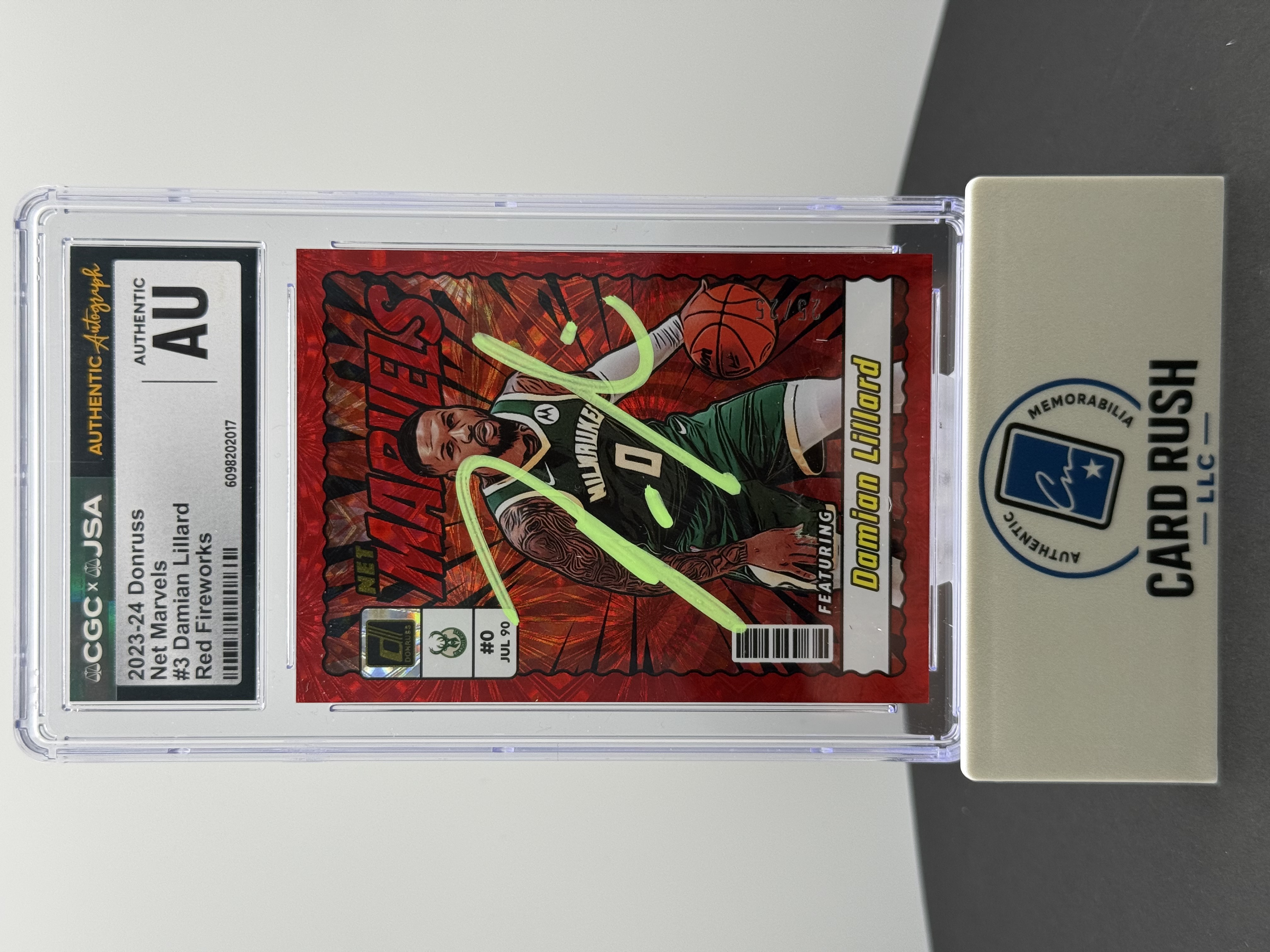 Damian Lillard 2023-24 Panini Donruss Net Marvels Red Fireworks IP CGC auto, front