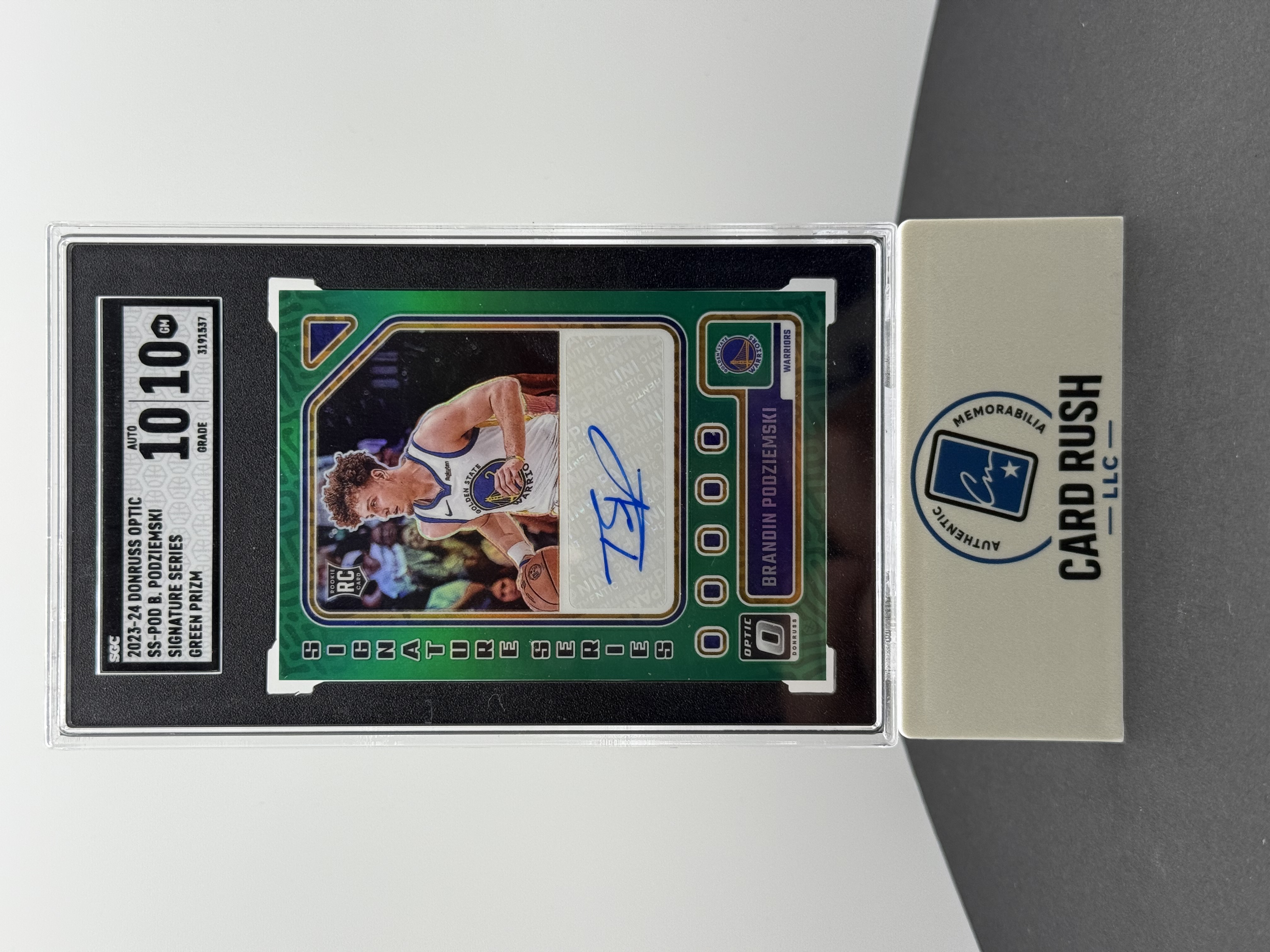 2023-24 Panini Donruss Optic Brandin Podziemski Signature Series Green Prizm Autograph Card, front