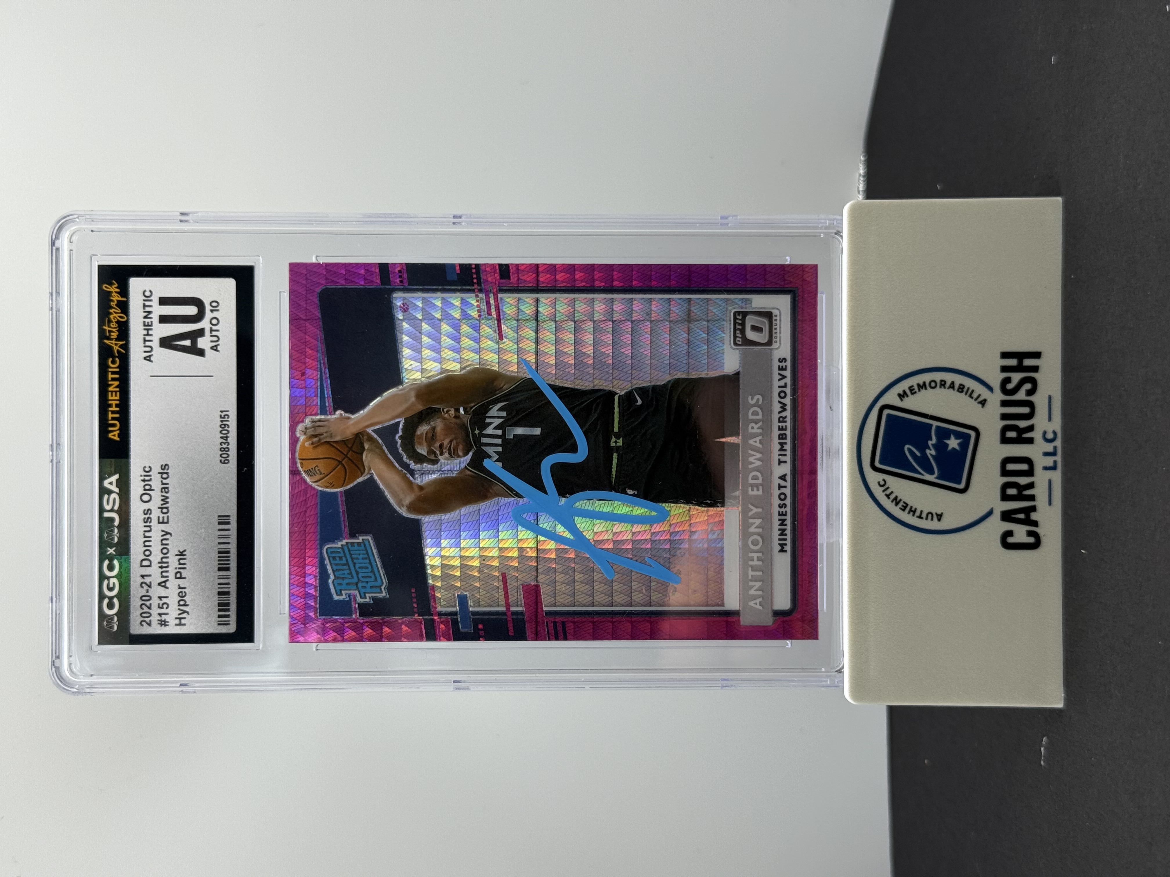 2020-21 Donruss Optic Rated Rookie Anthony Edwards Hyper Pink IP Auto 10 CGC, front