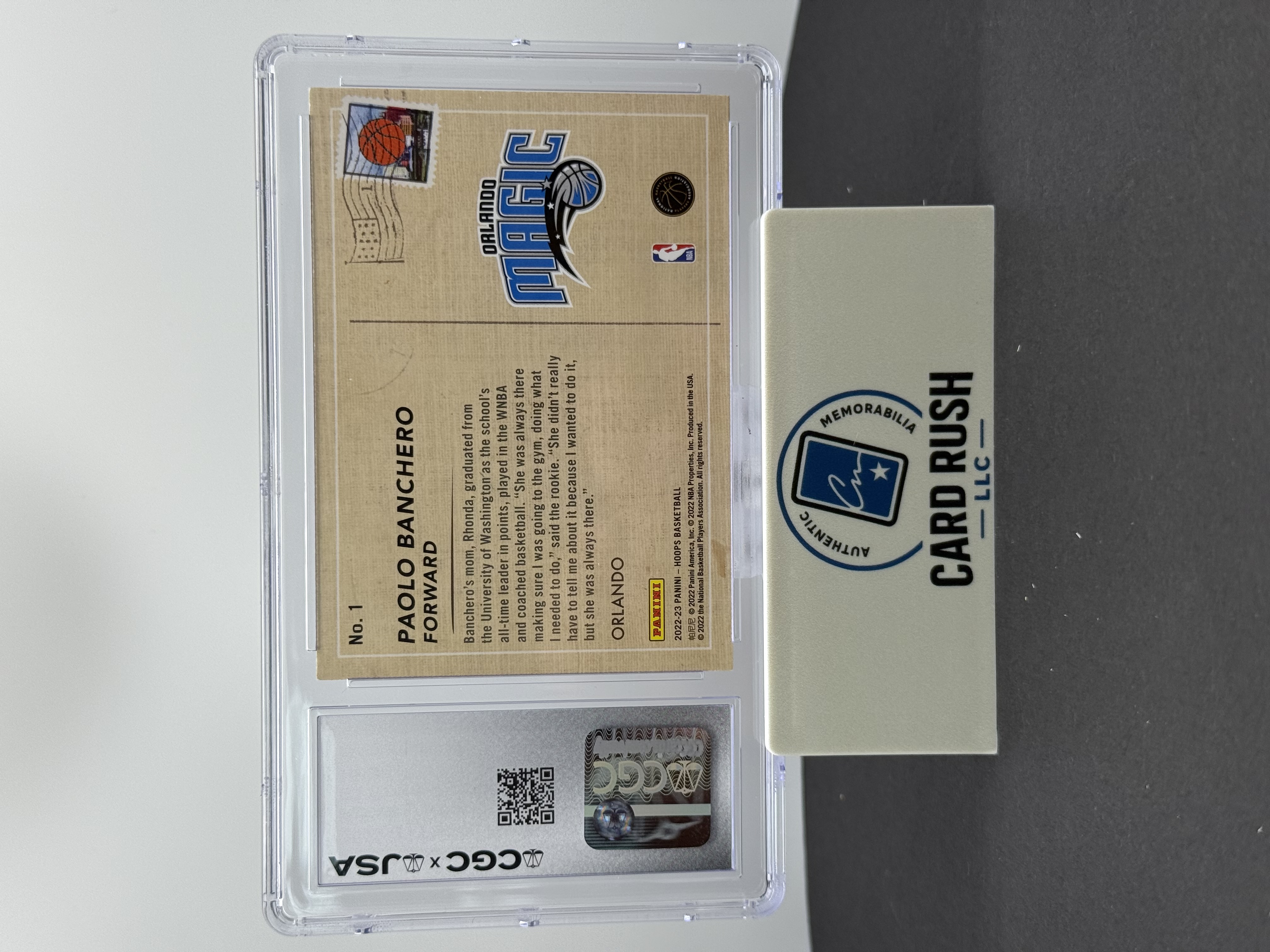 2022-23 Paolo Banchero RC Panini NBA Hoops Rookie Greetings Holo IP Auto CGC, back