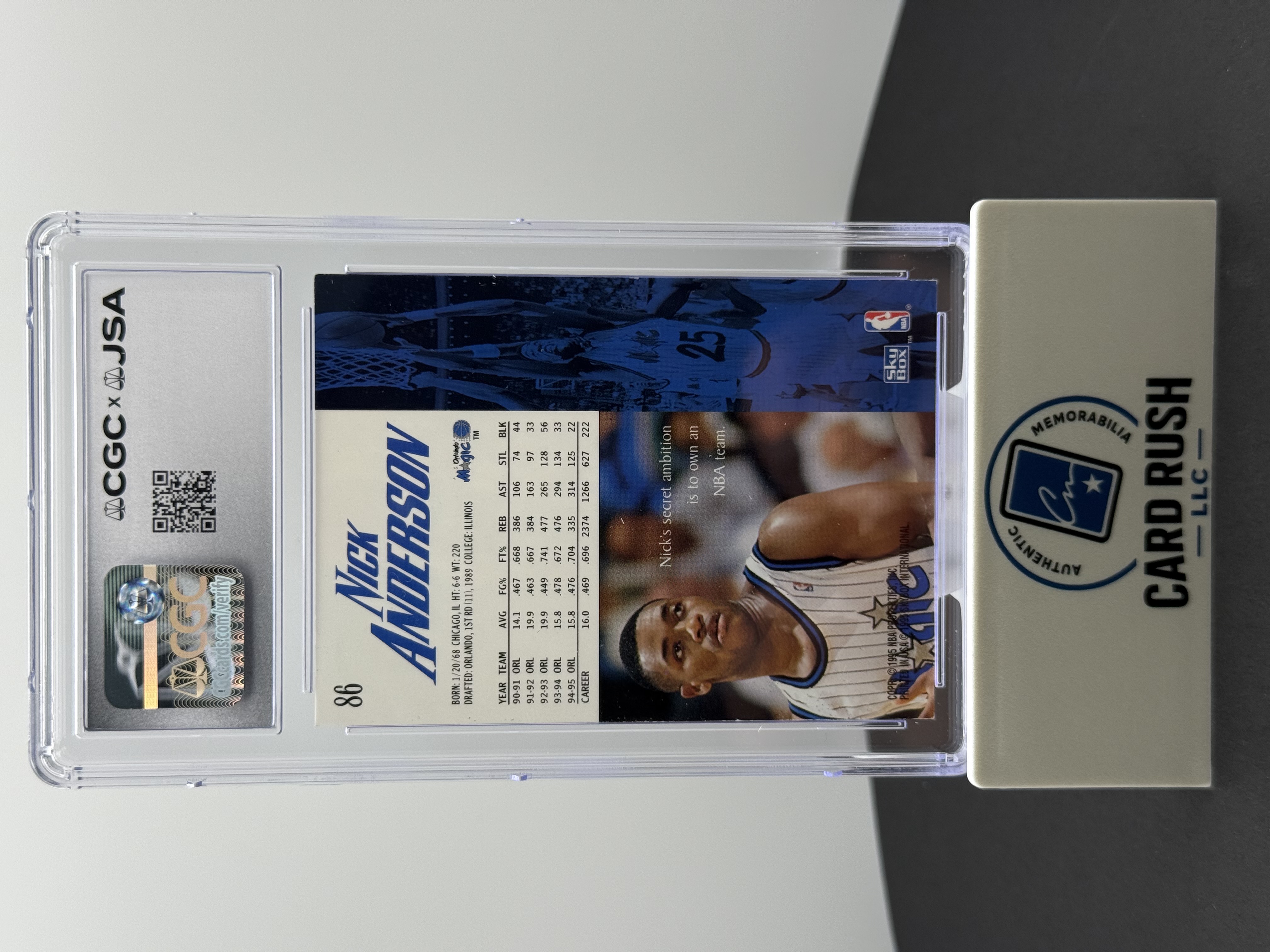 1995-96 SkyBox Premium Basketball Nick Anderson In Person CGC/JSA Graded Auto 10, back