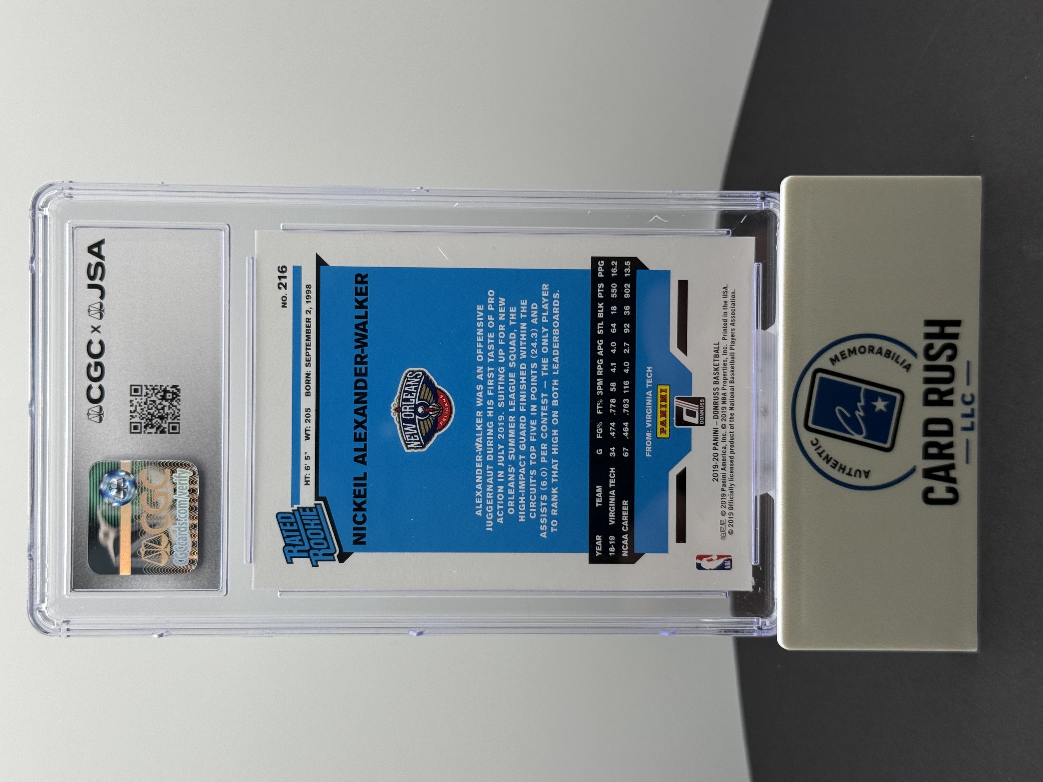 2019-20 Donruss Nickeil Alexander-Walker Rated Rookie In Person CGC/JSA Auto 10, back