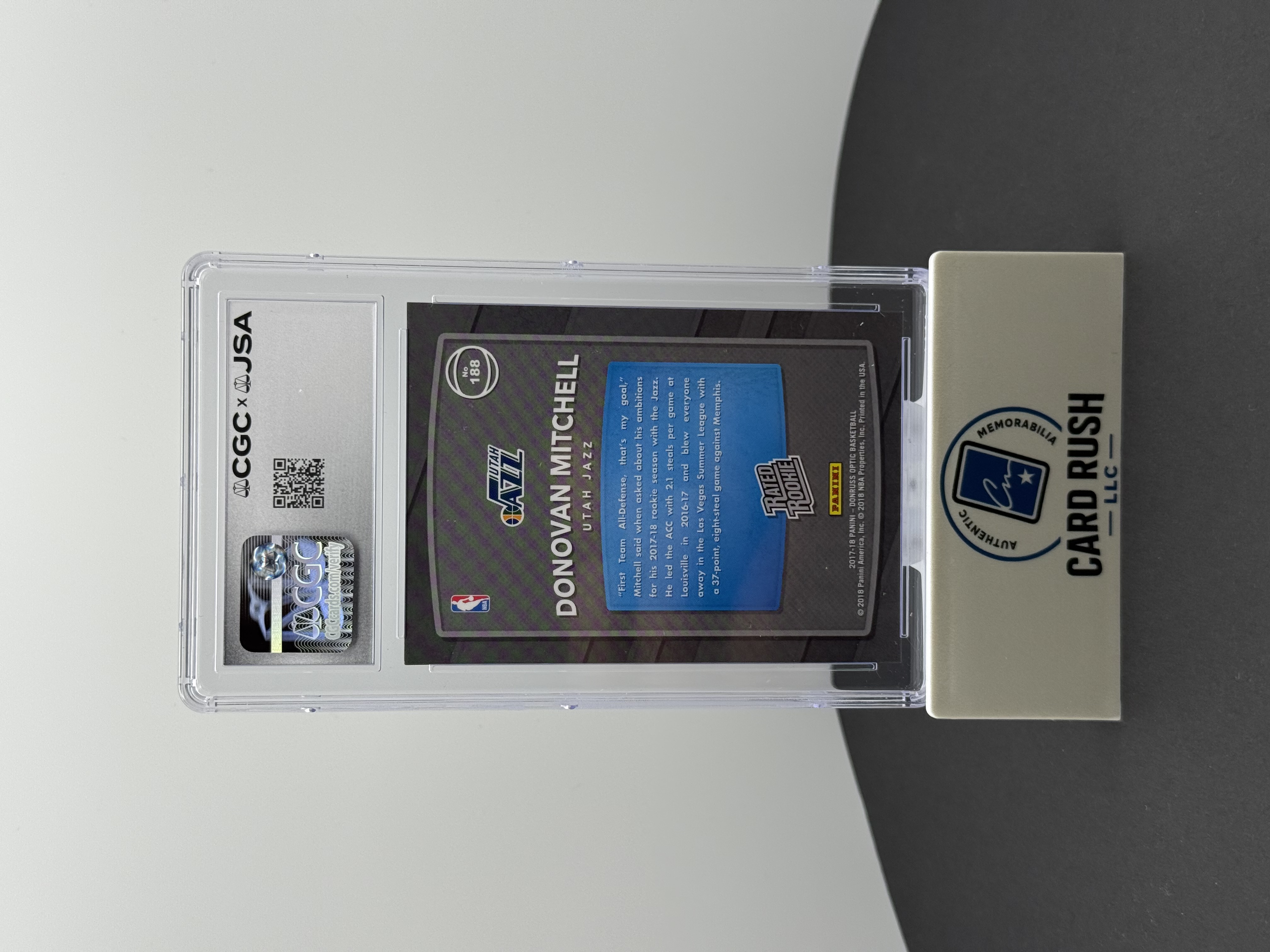 2017-18 Panini Donruss Optic Rated Rookie Donovan Mitchell Shock IP Auto 10 CGC, back
